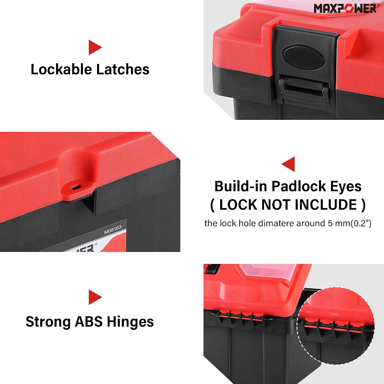 MAXPOWER Small Tool Box, 14-inch Plastic Tool Boxes with Handle | Removable Tray with Dual Lock Secured, Red Toolbox for Home