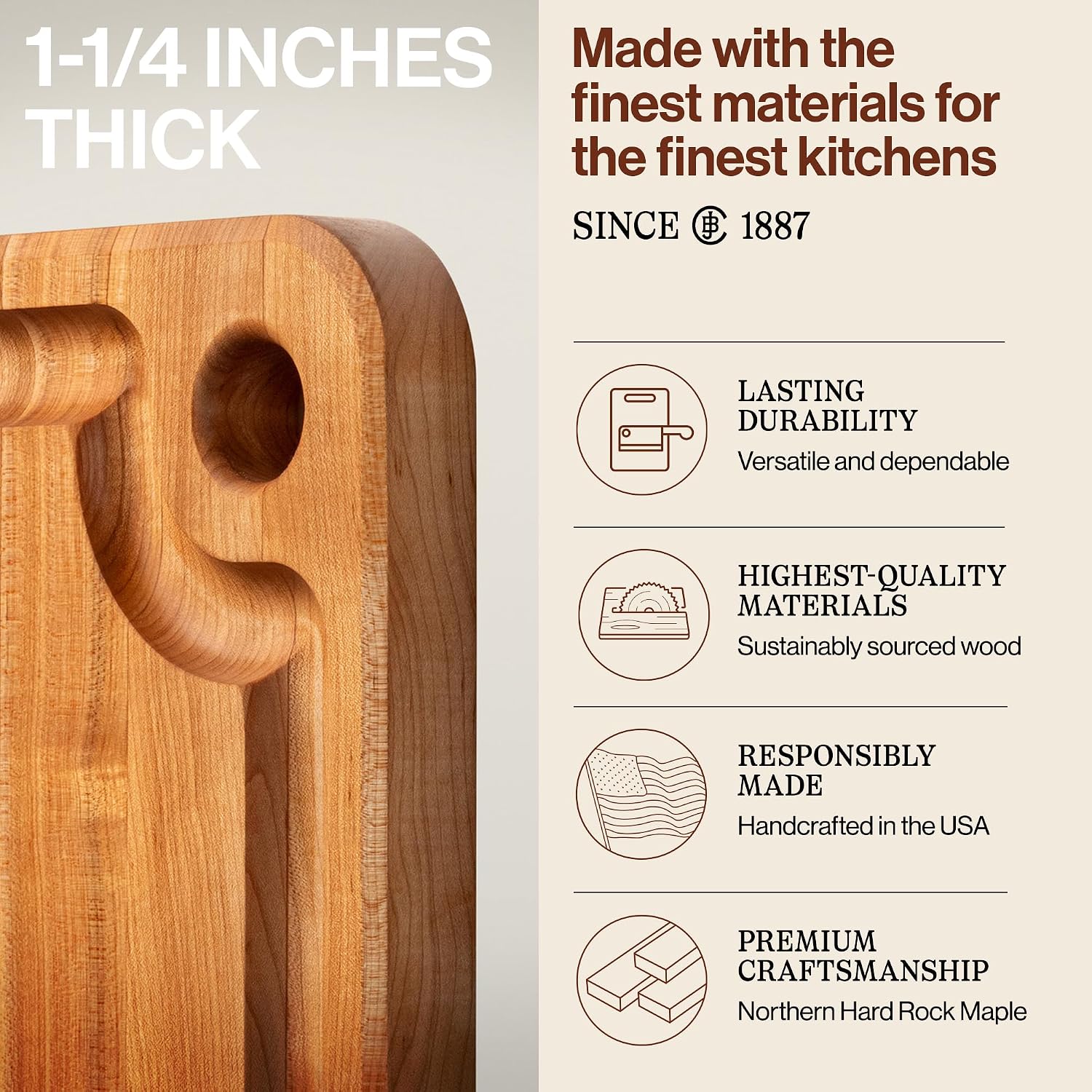 John Boos Prestige Series Rectangular Wooden Maple Cutting Board 16”x10” – 1.25” Thick, 6-lb Reversible Butcher Block with Juice Groove, Edge-Grain & Finger Grip Hole – Made in the USA | 1.25” Thick, 6-lb Butcher Block with Juice Groove, Edge-Grain & Fin…