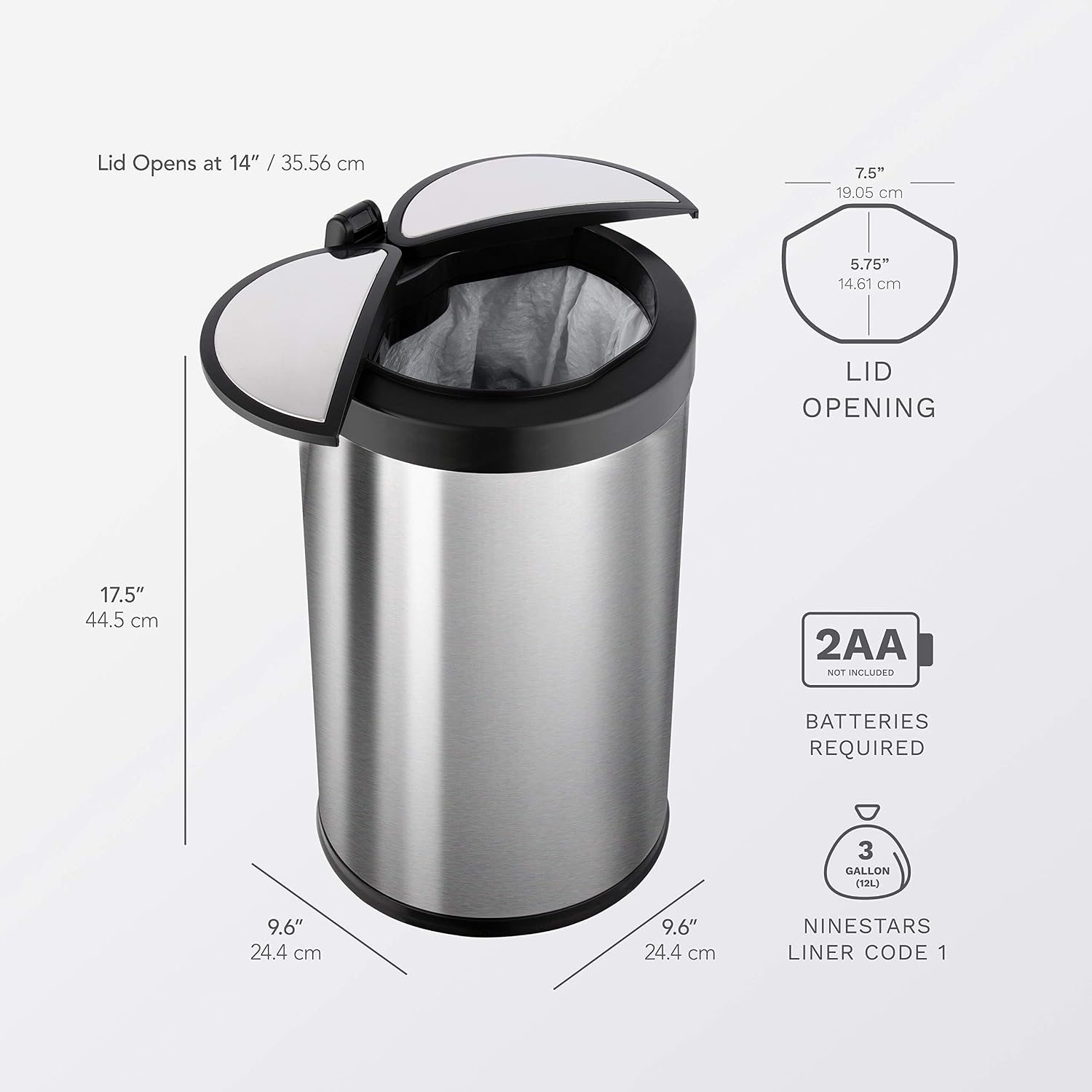 NINESTARS CB-DZT-50-98-1C Automatic Touchless Motion Sensor Oval & Rectangular Trash Can Combo Set, 13.2 Gal. 50 L. & 2.1 Gal.8 L., Stainless Steel