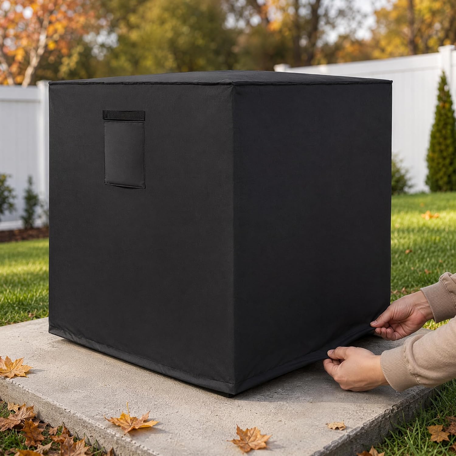 Air Conditioner Cover for Outside 34 x 34 x 30 inch | Square top design, water-resistant 420D Oxford, windproof straps, fits most central ac condensers, year-round