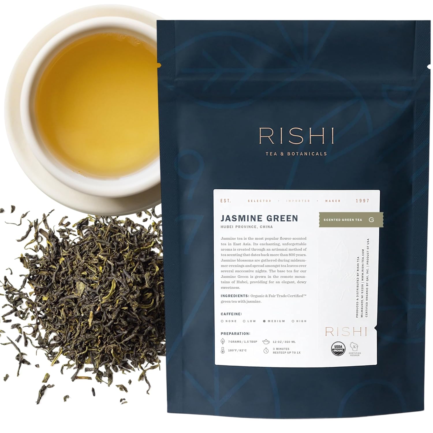 Rishi Tea Jasmine Organic Chinese Green Sachet Tea Bags, Caffeinated, 15ct | Floral Aroma and Taste, Jasmine Flower, Calm, Sustainable, 15 Servings