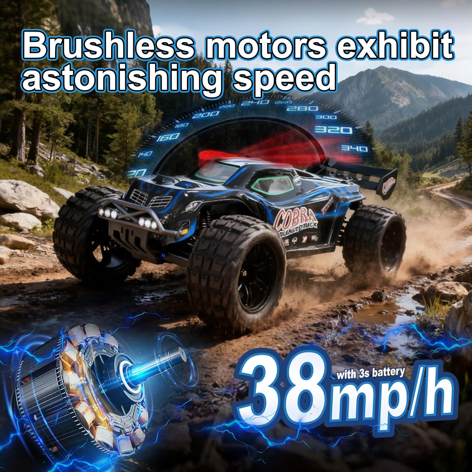 Supersize 1/10 High Speed RC Cars for Adults, 4WD Off-Road Electric Truggy with 3S 5000mAh LiPo Battery & 3660 Brushless Motor