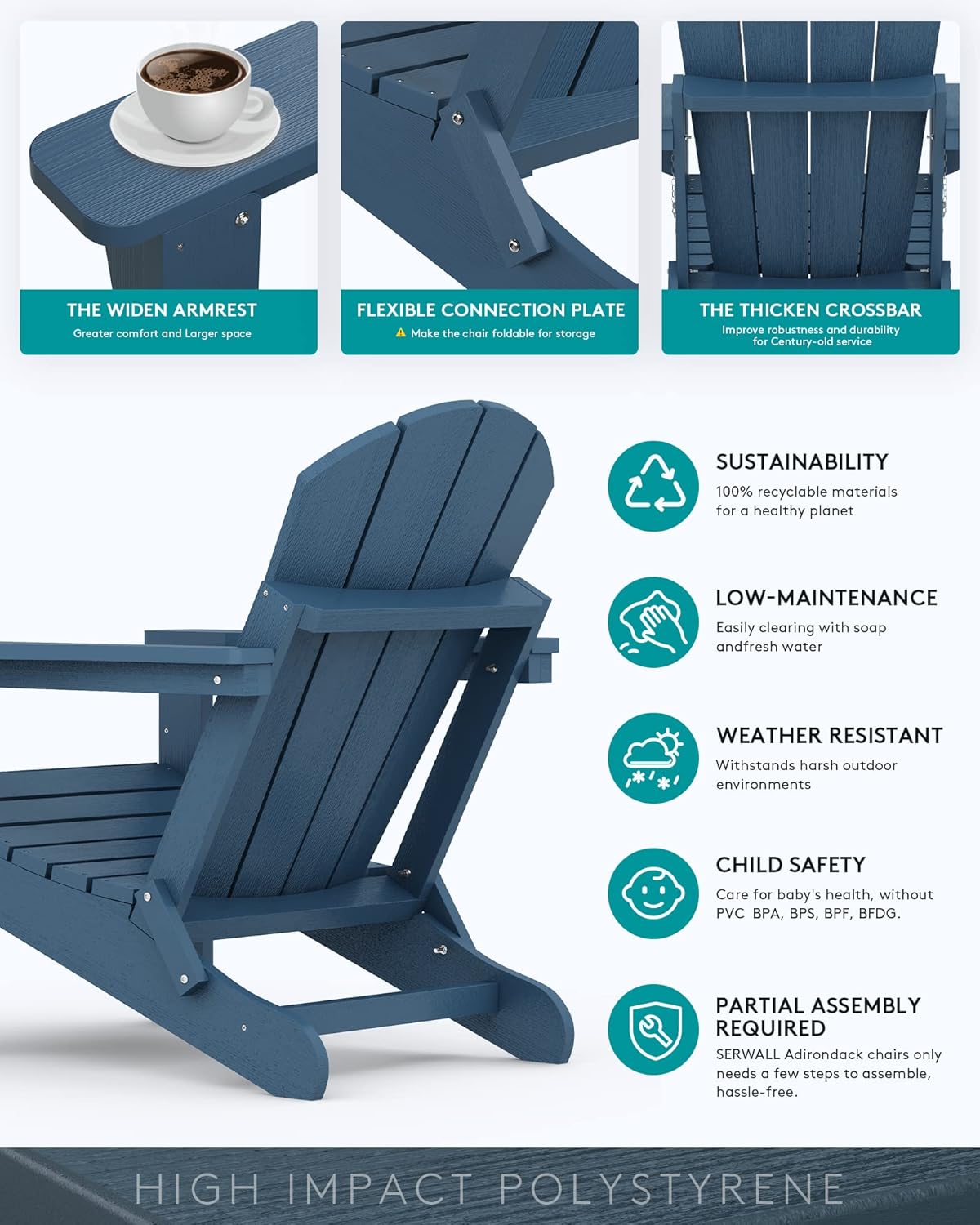 SERWALL Folding Adirondack Chairs with Cup Holder, Outdoor Fire Pit - Blue
