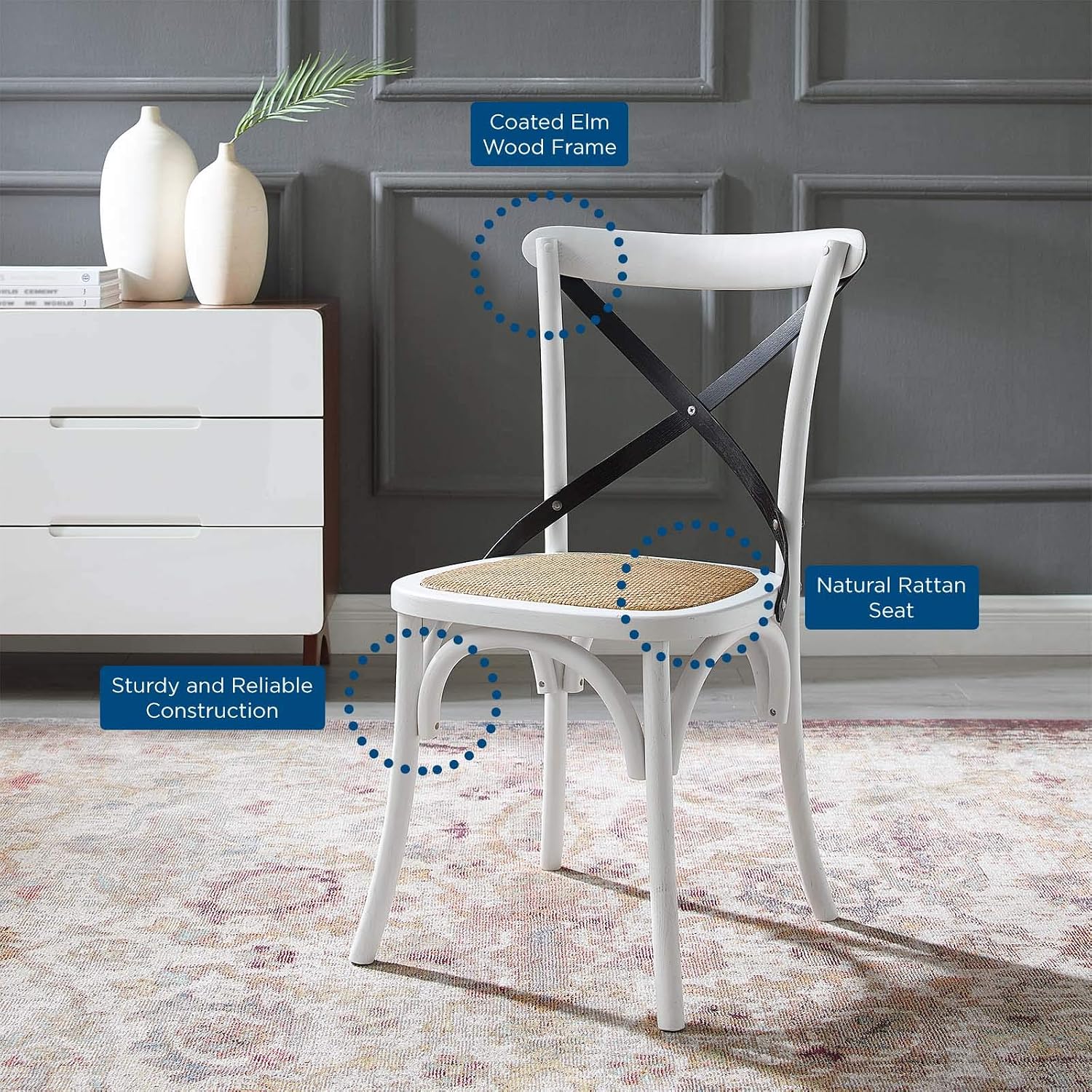 Modway Gear Rustic Modern Farmhouse Elm Wood Rattan Dining Chair in Gray