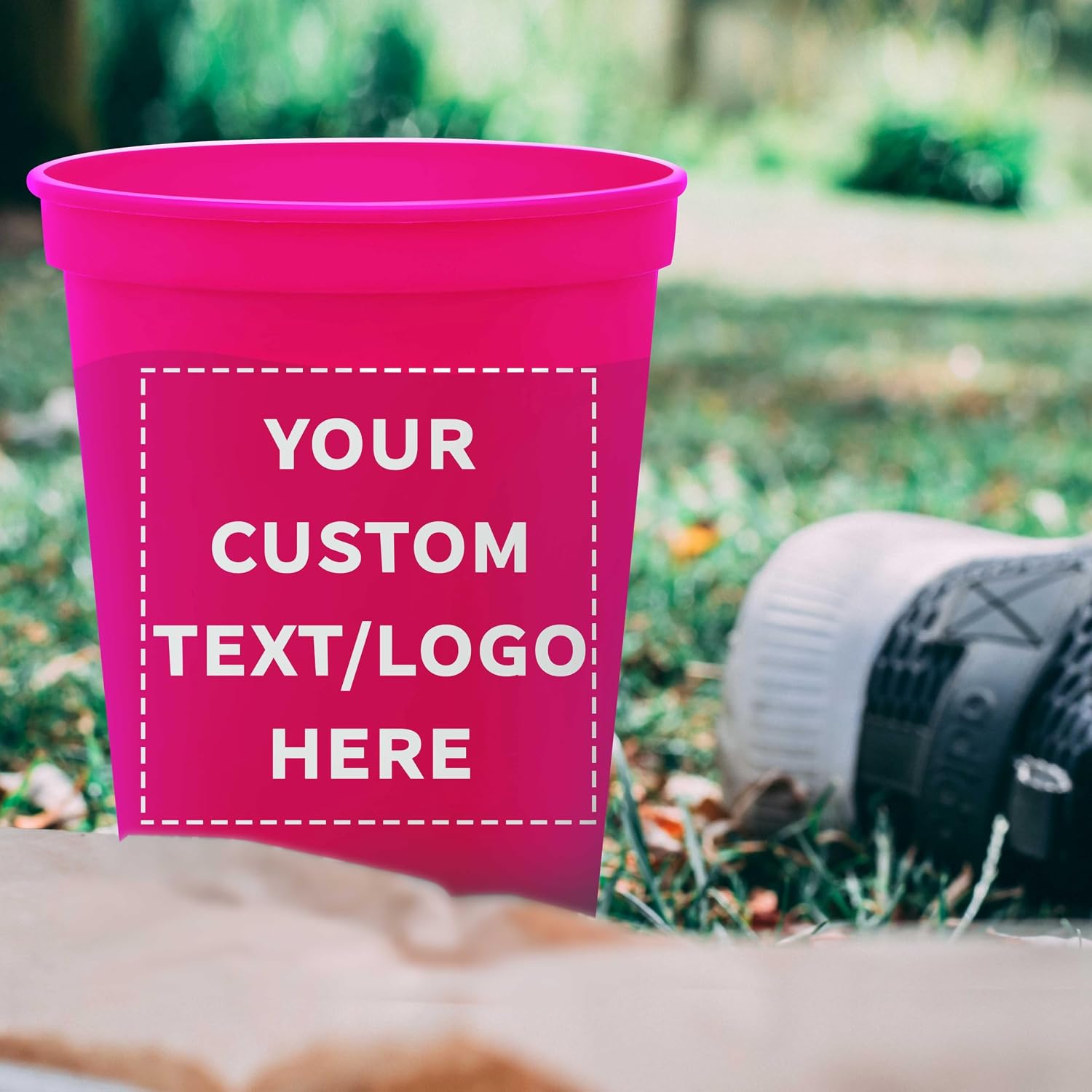 DISCOUNT PROMOS Custom Plastic Stadium Cups 16 oz. Set of 10/50/100, Personalized Bulk Pack - Perfect for Birthdays, Weddings, Picnic, Beach