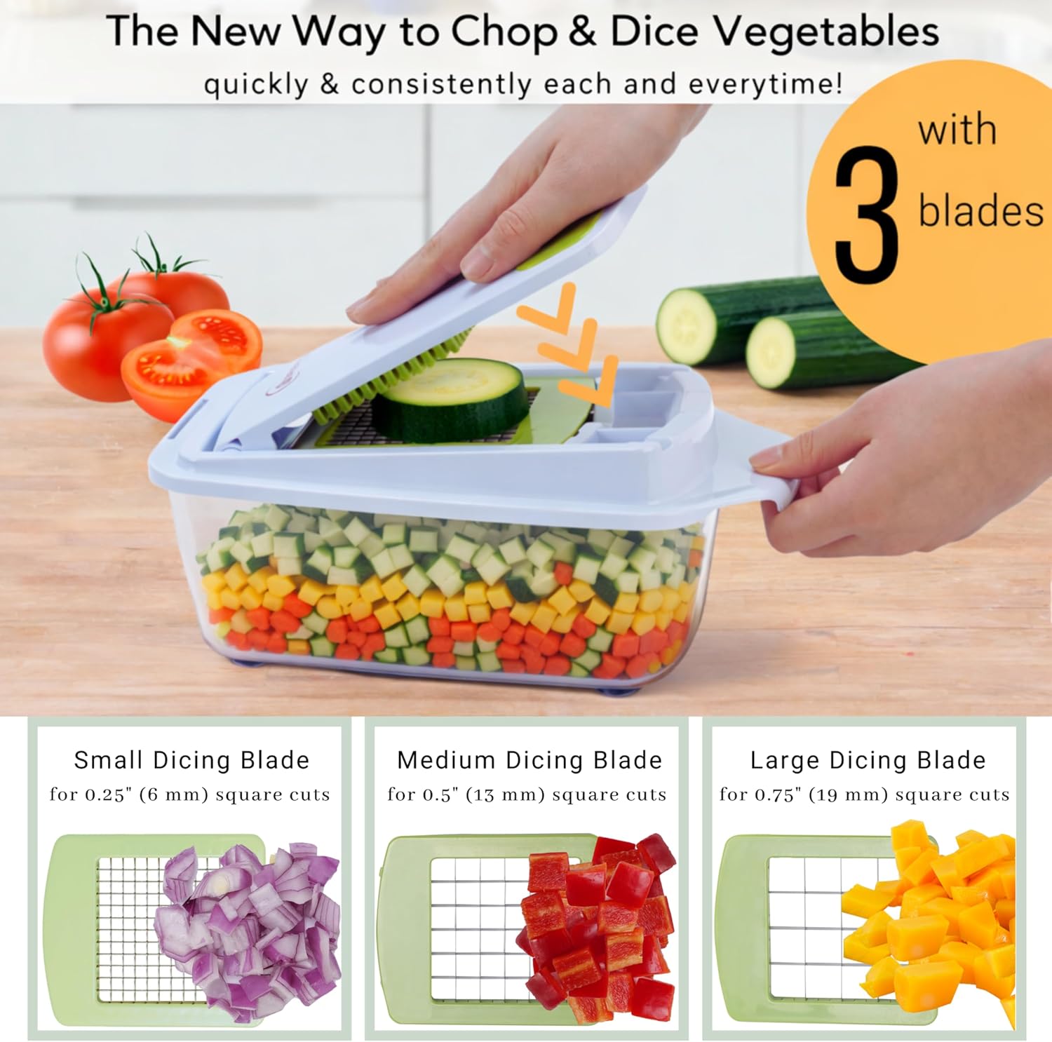 Brieftons QuickPush Manual Vegetable Chopper: 8-Cup Push-Down Onion Dicer & Food Chopper, 3 German Steel Blades