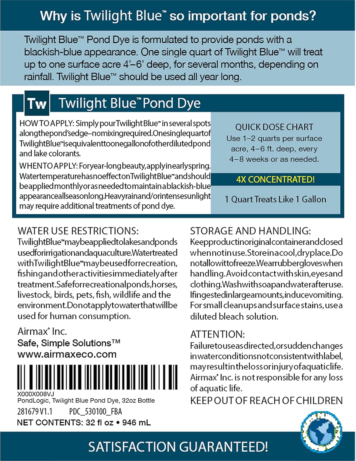 Airmax Pond Dye Plus, Nature's Blue Pond & Lake Water Colorant, 1 Gallon | Natural beneficial bacteria clarifier shades plants and algae from sunlight; fish and livestock safe
