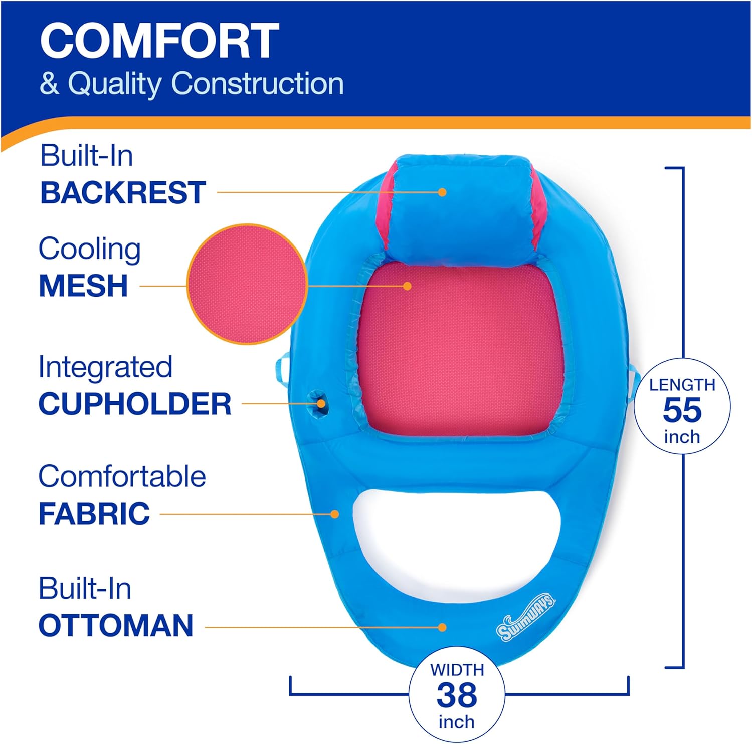 SwimWays Spring Float Recliner Chair for Swimming Pool, Inflatable Pool Floats Adult with Fast Inflation, Cup Holder & Foot Rest for Ages 15 & Up