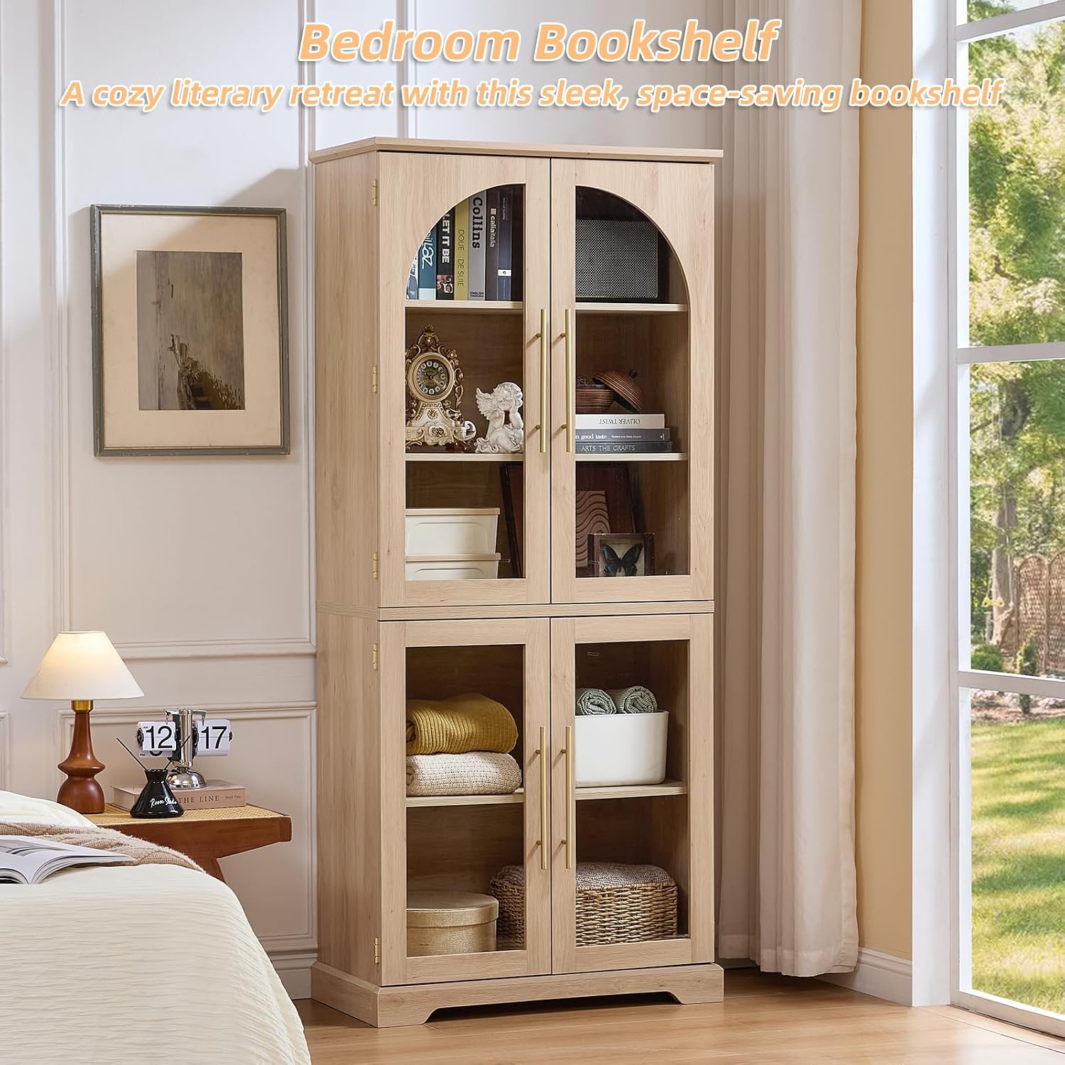 Joaxswe 72" Tall Bookshelf with 4 Curved Glass Doors, Farmhouse Bookcase with 3-Tier Adjustable Shelves, Modern Living Room Display Cabinet, Large Storage Cabinet for Home Office,Dining Room, Natural