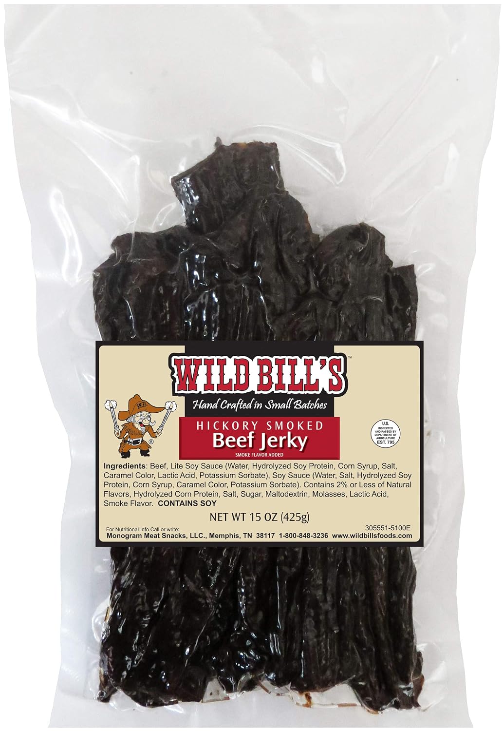 Wild Bill's Hickory Smoked Beef Jerky Strips, 30 Ct, 15 Oz | Keto, Low-Carb And High-Protein, Made In The USA, USDA Inspected, Marinated In Soy Sauce, Garlic, Black Pepper, Chewy Texture