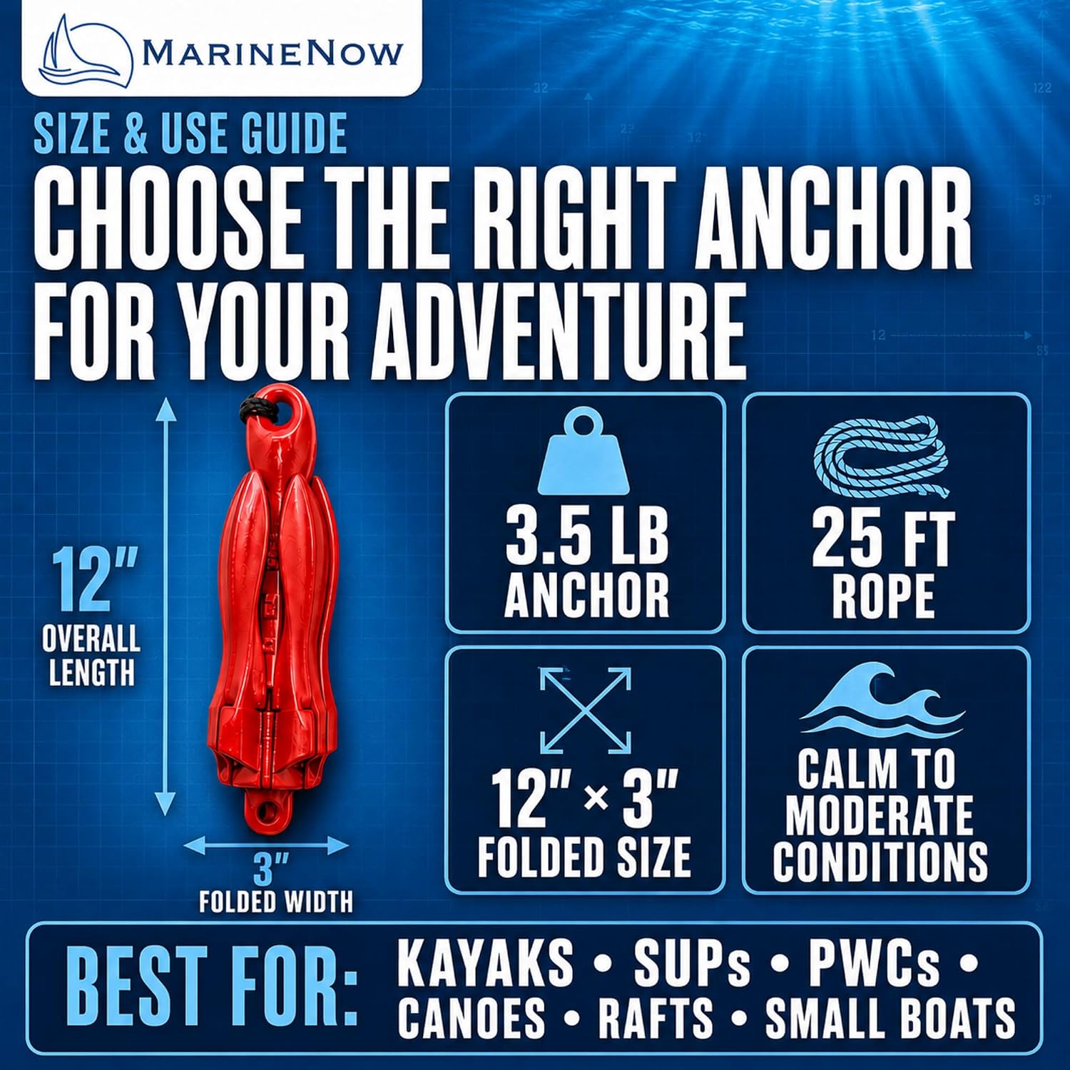3.5 lb Grapnel Anchor Kit – Folding Anchor with 25 ft Marine-Grade Rope, Buoy, Snap Hook & Storage Bag – Ideal for Kayaks, Jet Skis, SUP, Canoes