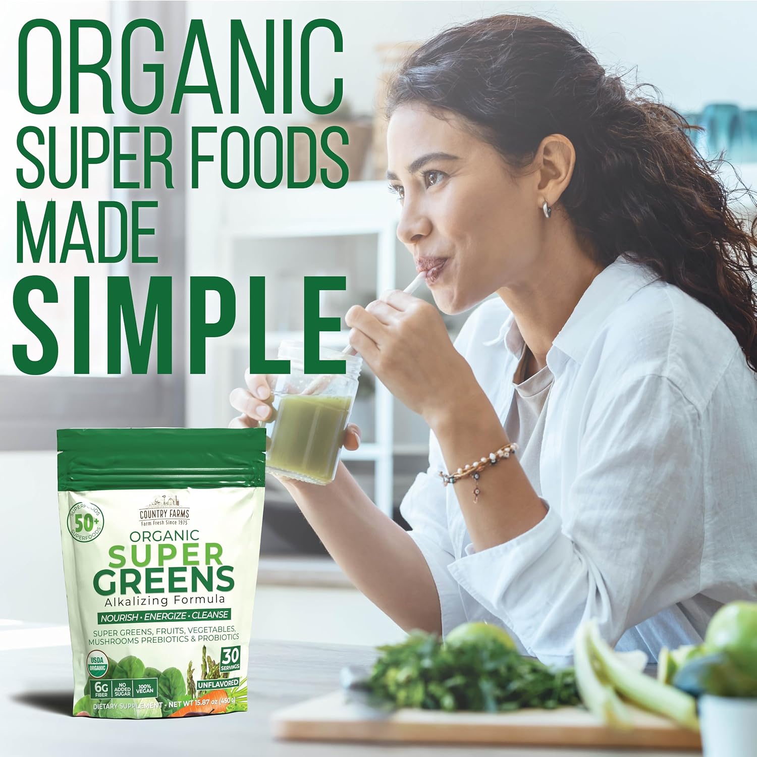 Country Farms Organic Super Greens Powder, Daily Greens Drink Mix with 50 Organic Superfoods, Fruits, Vegetables, Fiber, Mushrooms & Probiotics for Gut Health, Digestion & Energy, Berry Flavor