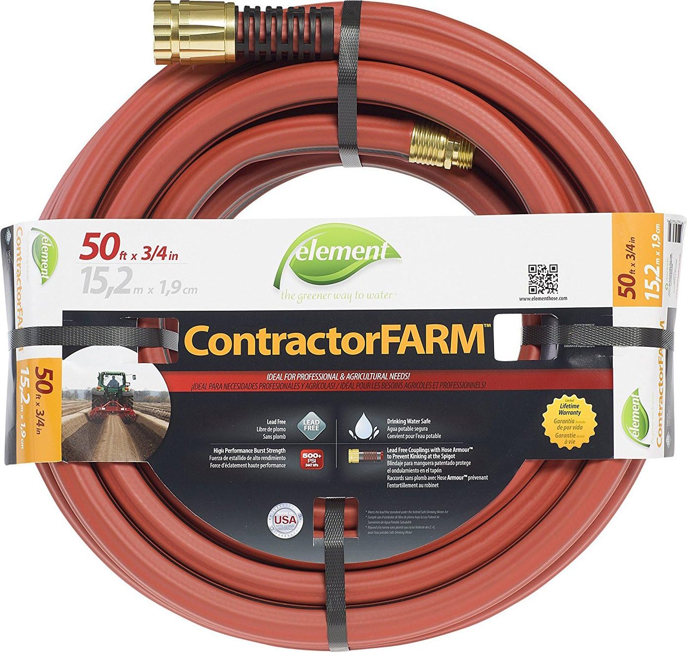 Element ContractorFARM Heavy Duty Watering Hose, 100' Length, 3/4" Diameter, 400+ PSI, Red