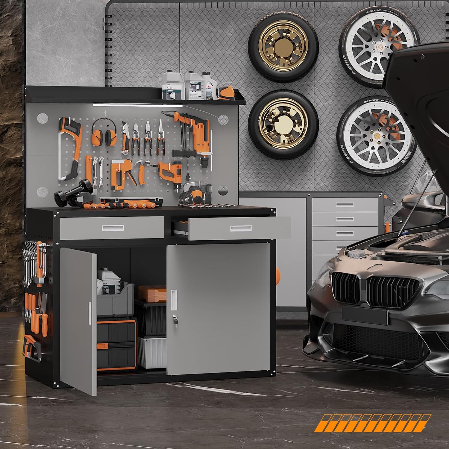 65" Heavy Duty Garage Workbench with Storage Drawers & Pegboard, 2000lbs Capacity Metal Work Bench with Lockable Magnetic Cabinets