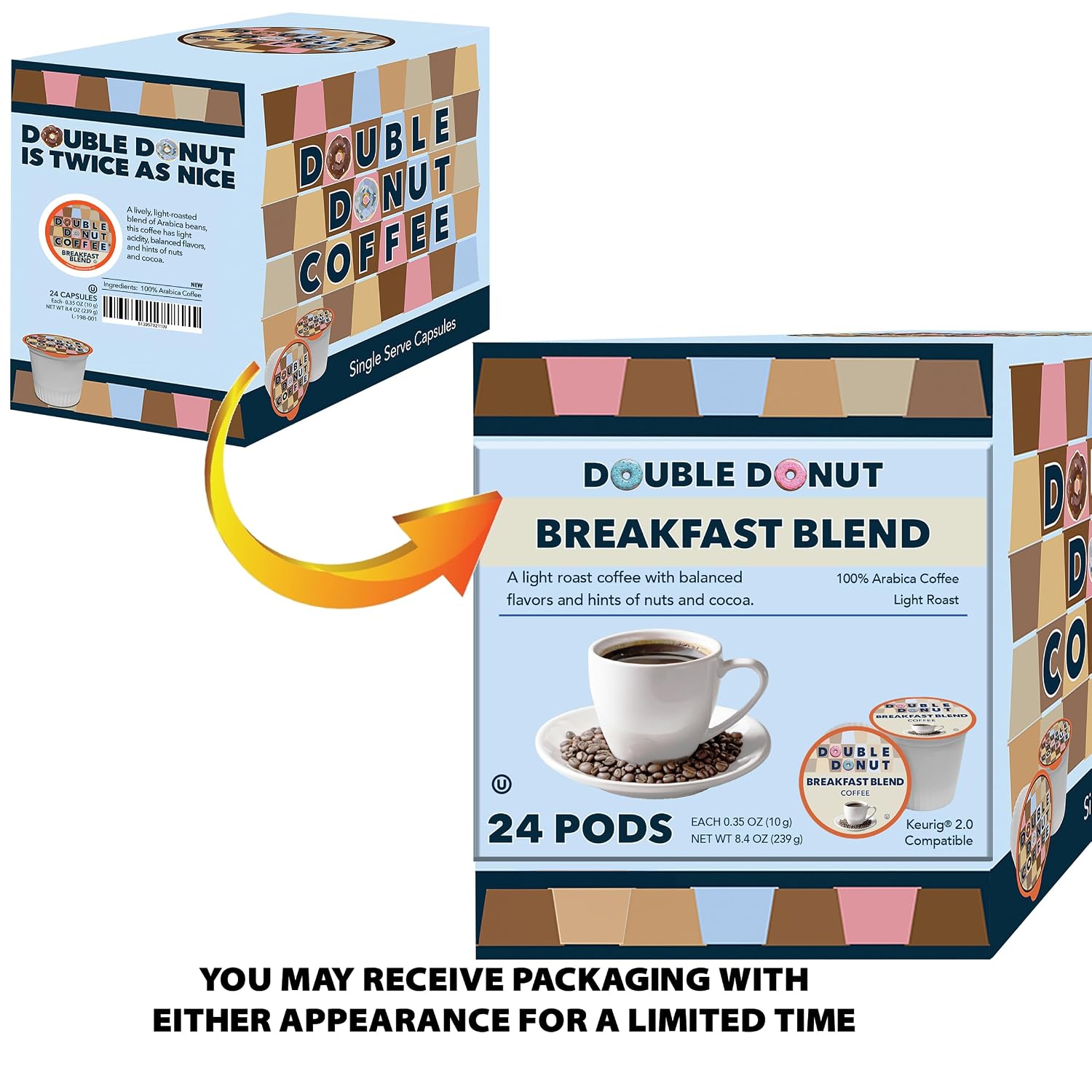 Double Donut Coffee Breakfast Blend Coffee Pods, Light Roast Coffee in Recyclable Single-Serve Pods for Keurig K Cups Brewer Machines, 80 Count Bulk Pack, original version