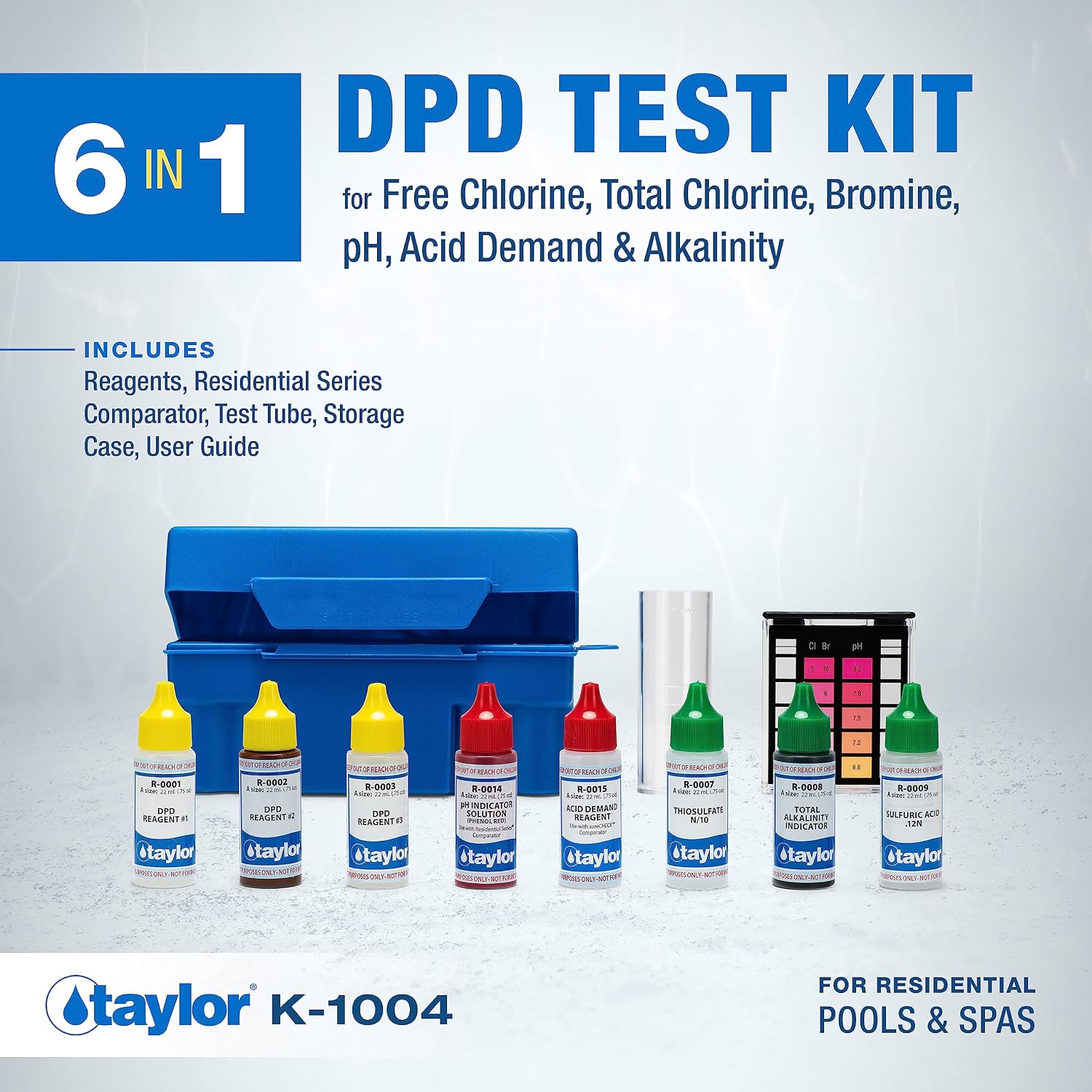 Taylor K-1004 DPD, 6-in-1 Pool Test Kit for for Free & Total Chlorine, Bromine, pH, Acid Demand, Total Alkalinity, 100+ Tests
