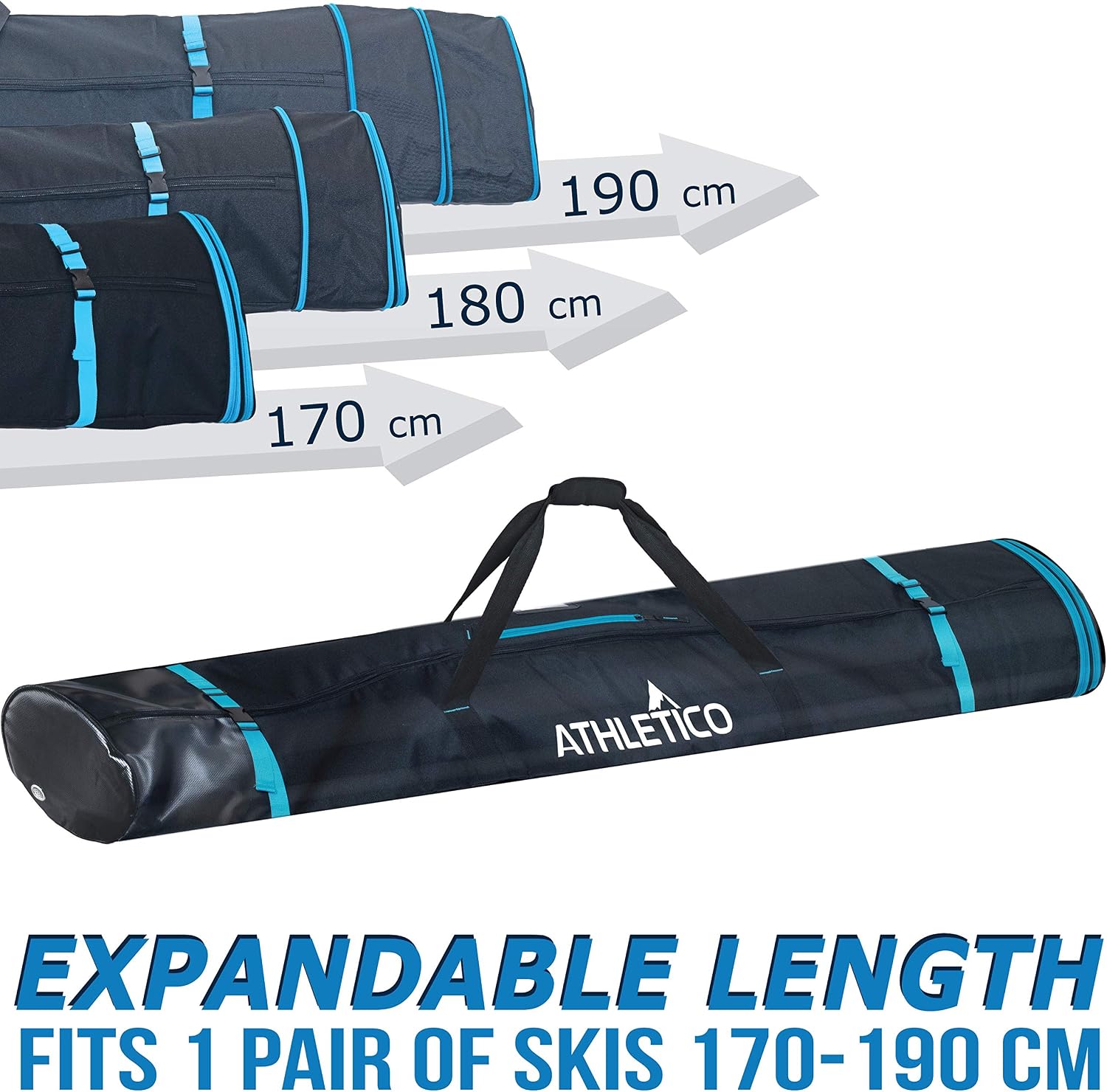 Athletico Dynamic Adjustable Length Ski Bag - Padded Ski Bag Adjusts from 170cm to 190cm
