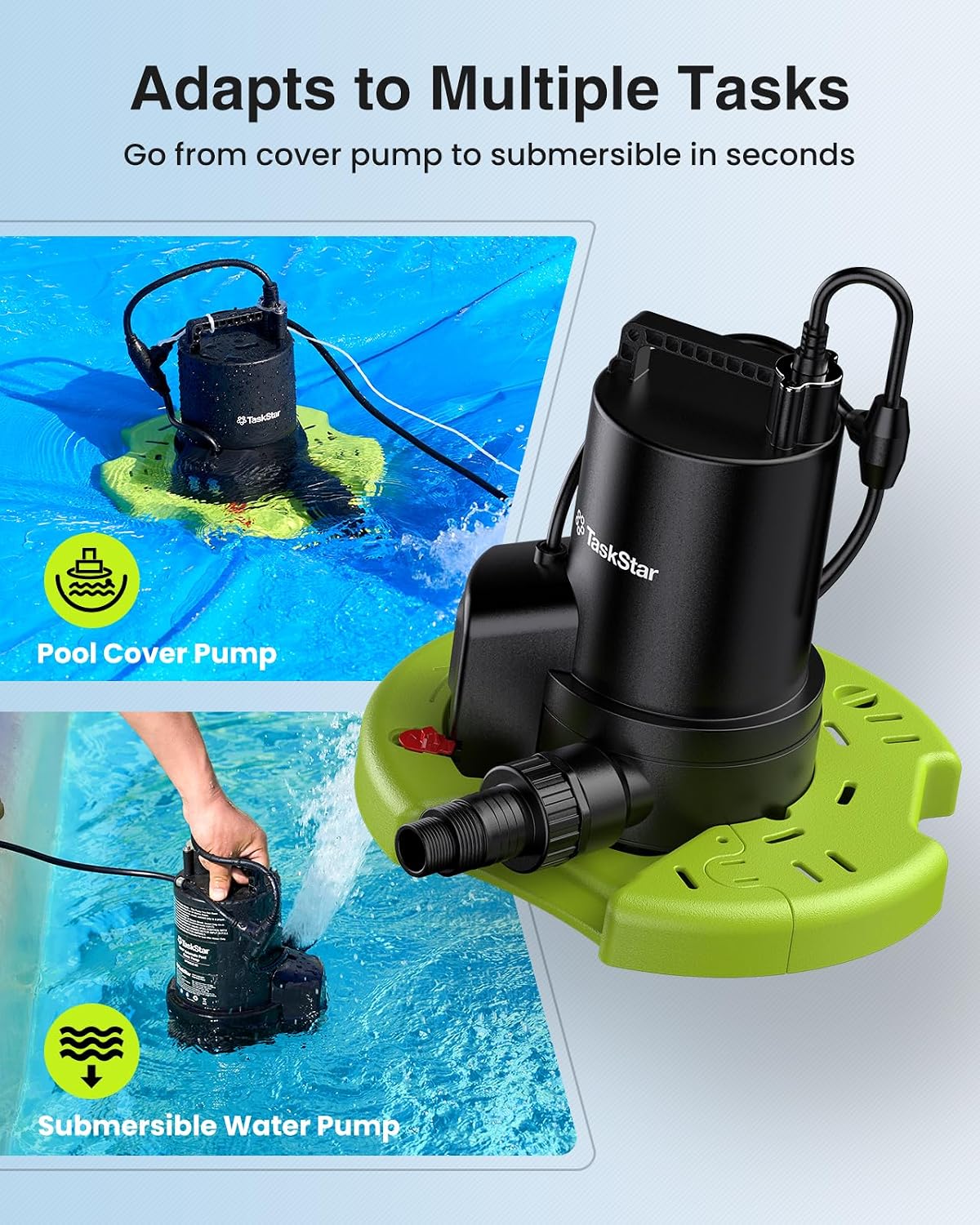3035 GPH 2-in-1 Pool Cover Pump & Submersible Water Pump with 23FT Hose | 1/3HP Auto On/Off Sump Pump with Anti-Clogging Filter Bag for Swimming Pool