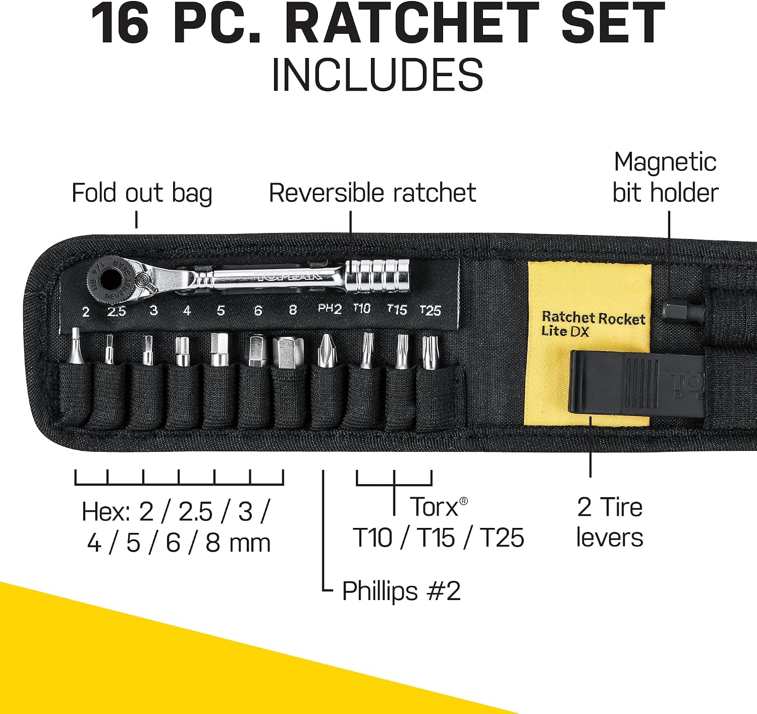 Topeak Ratchet Rocket Lite DX Bike Repair and Maintenance Tool, 16 Functions, Includes Nylon Bag, Black | bike-multifunction-tools