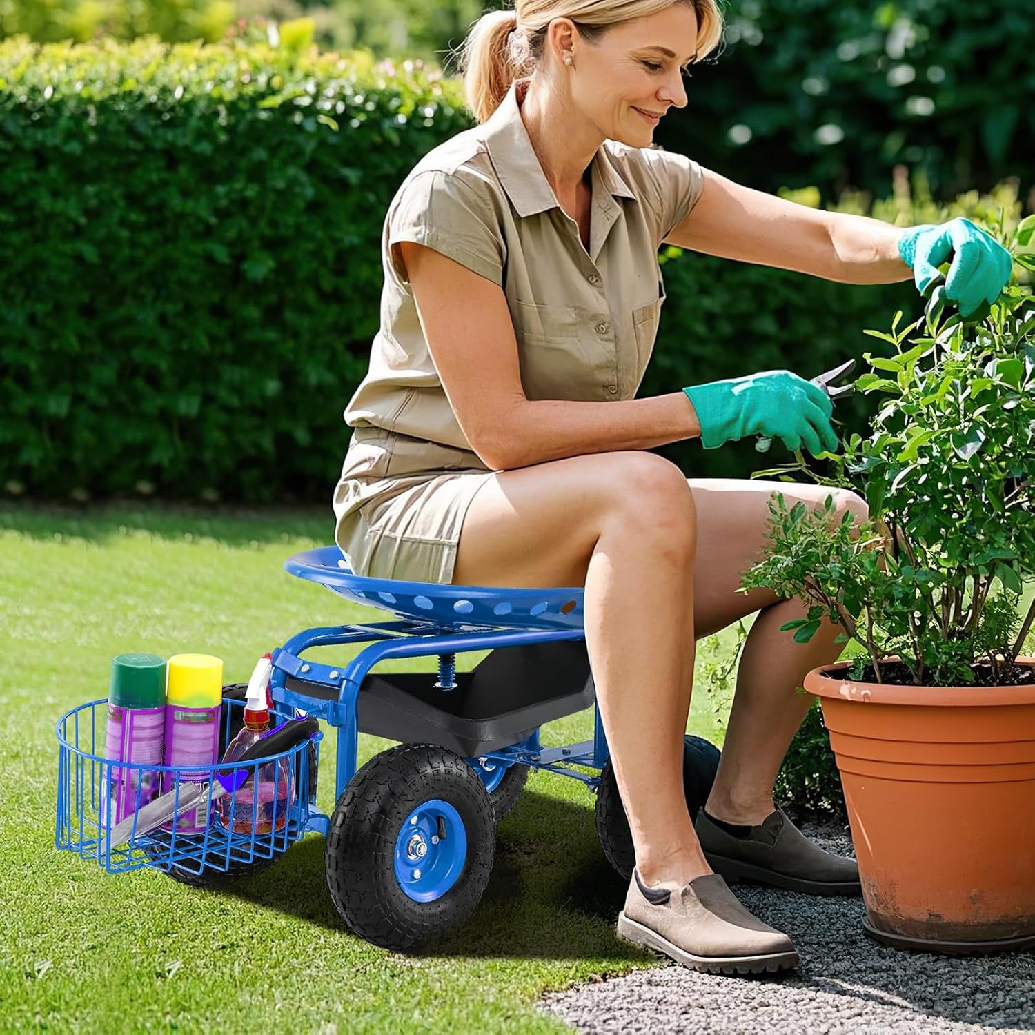 Giantex Rolling Garden Cart with Seat, 4-Wheel Gardening Workseat with Storage Basket, Swivel Stool Adjustable Seat, Steering Handle