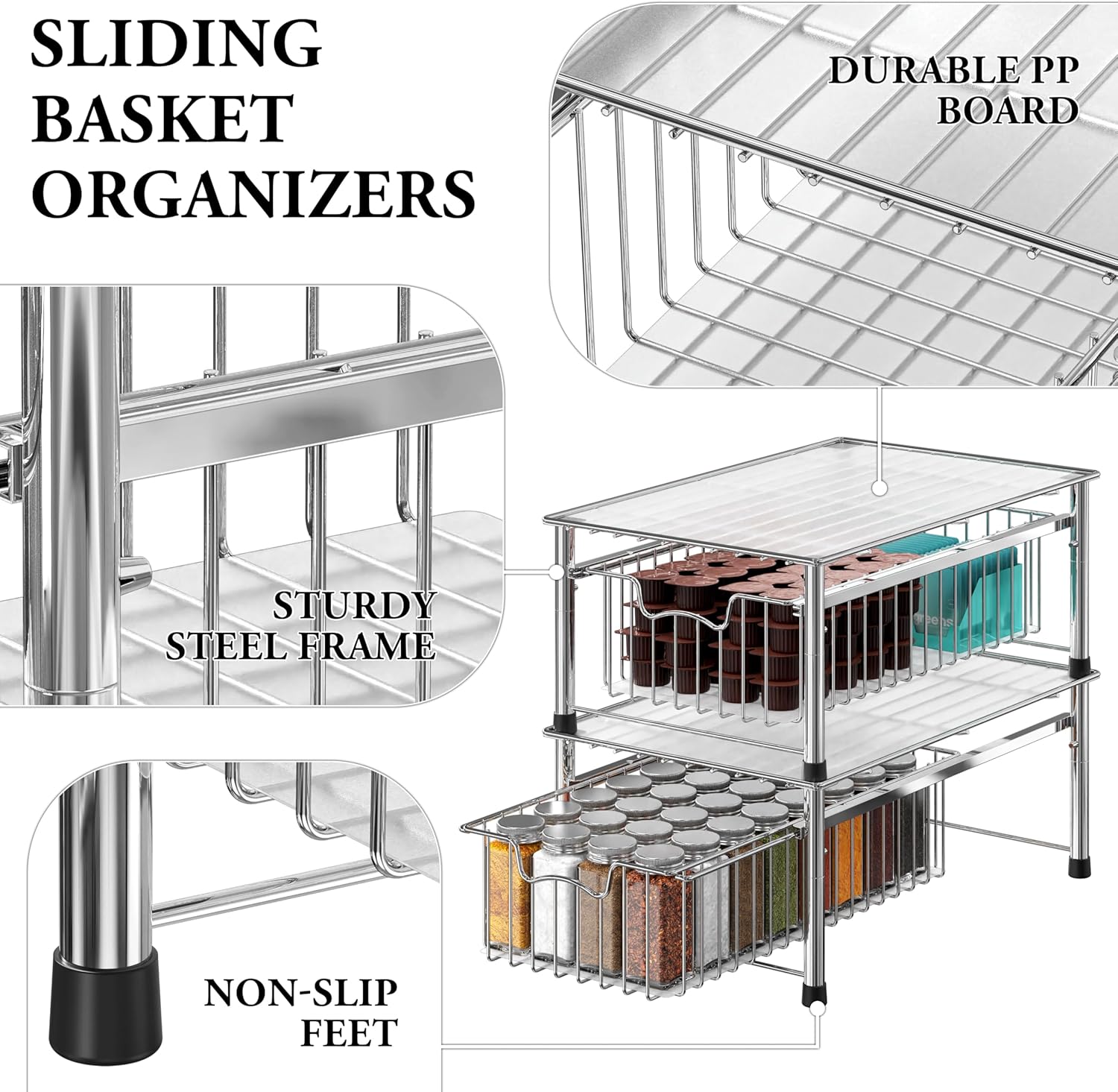 Simple Houseware Stackable 3 Tier Sliding Basket Organizer Drawer, Chrome
