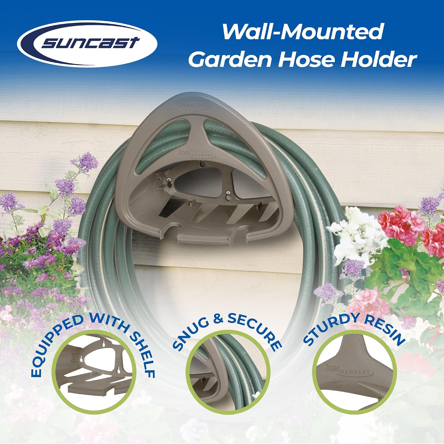 Suncast Hangout HH150 Outdoor Wall Mounted Durable Resin Garden Hose Holder with Accessories Shelf, Designed for 150 Foot Garden Hoses, Taupe, 1 Pack