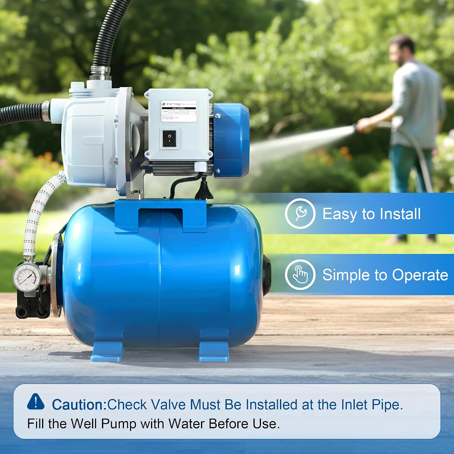 FOTING 1.5HP Shallow Well Pump w/Pressure Tank, 1340GPH Jet Pumps Garden Pump, Water Transfer Draining Irrigation Pumps