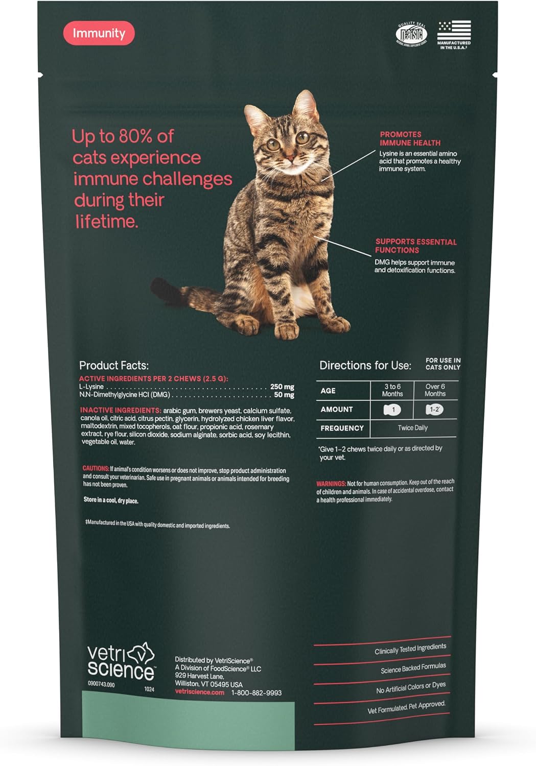 VetriScience Lysine Immunity Health Chews, 250 mg Lysine Plus Immune Supplement for Cats and Kittens with Allergies, Sneezing, Runny Nose and Watery Eyes, Chicken, 120 Count