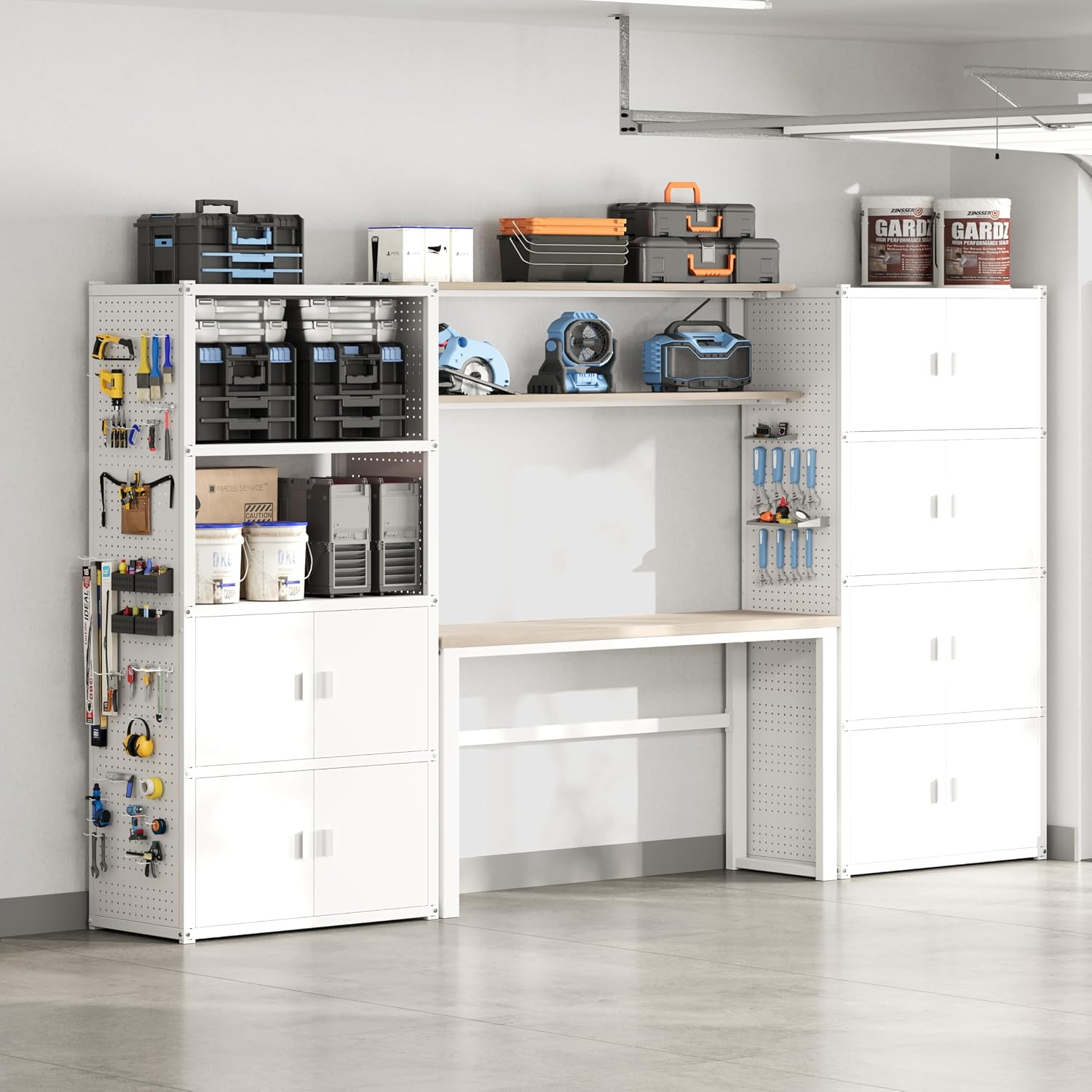 FLEXIMOUNTS 117"W Modular Garage Storage Cabinet with Workbench, Black | 6 Doors, 3700lbs capacity, Metal board shelf includes pegboard, 3-in-1 metal tool cabinet, 24-gauge steel, FLEXIMOD Series
