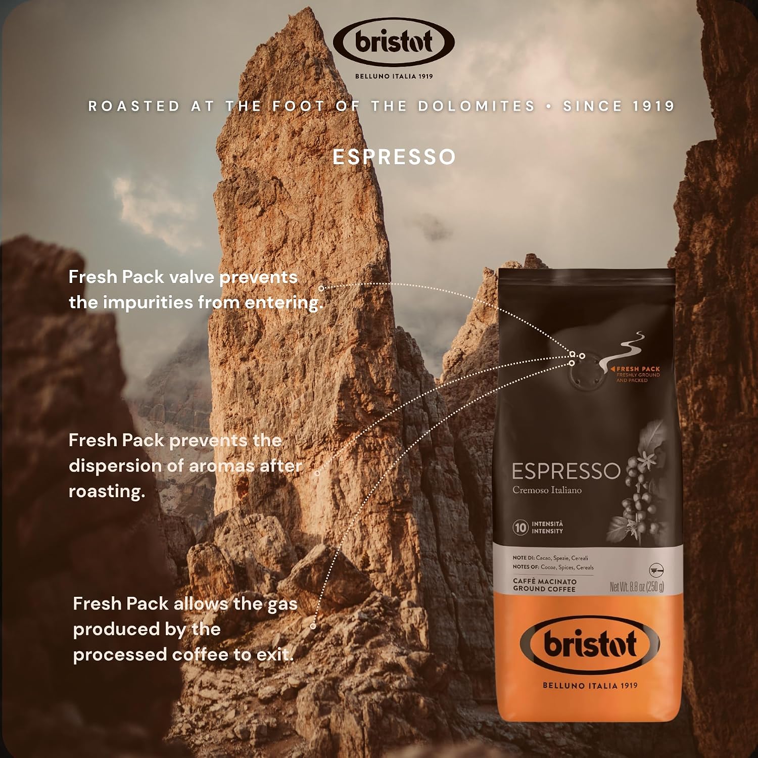 Bristot Espresso Cremoso Italiano Ground Coffee – Medium Roast, Rich & Smooth – 8.8oz (250g) Bag – Italian Ground Espresso for Home Machines