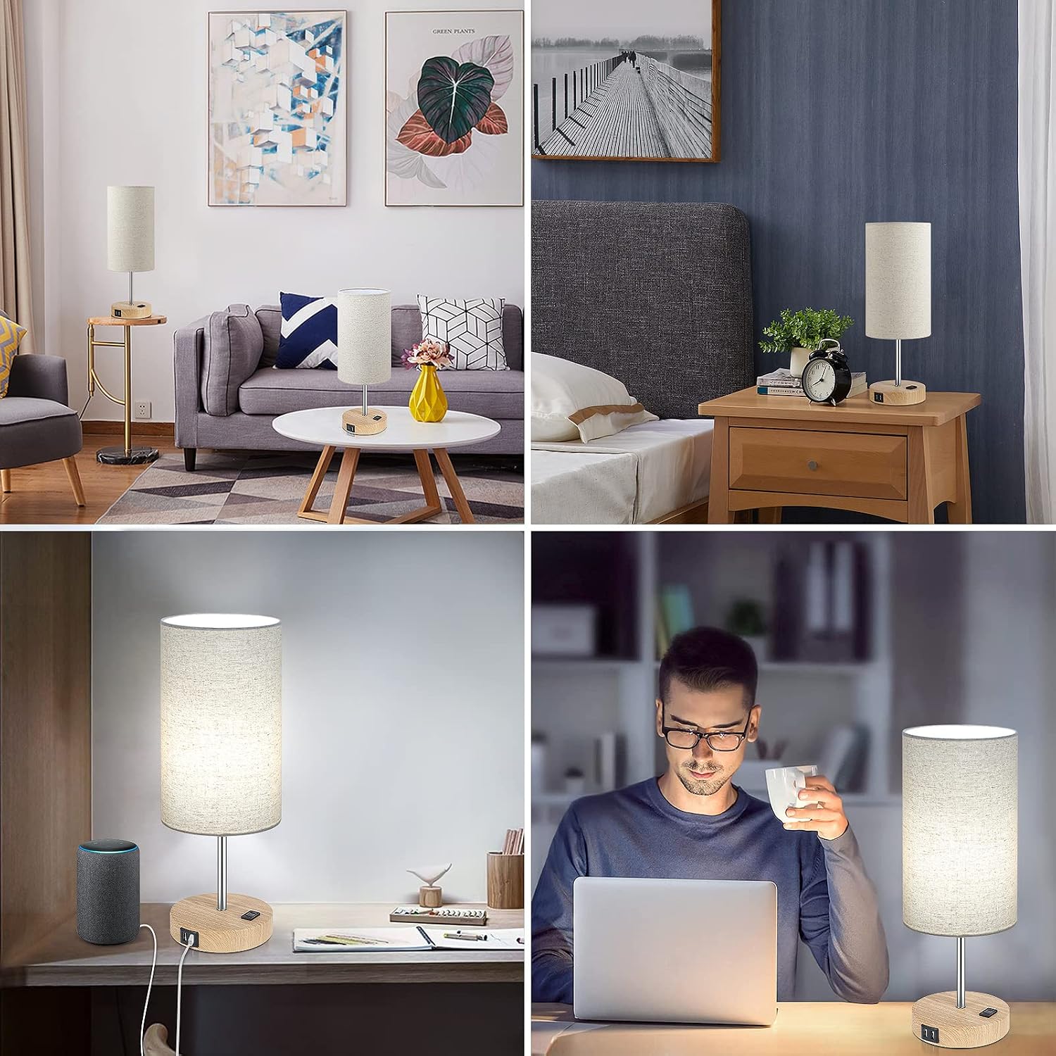 Set of 2 Touch Control Table Lamps with 2 USB Charging Ports&AC Outlet