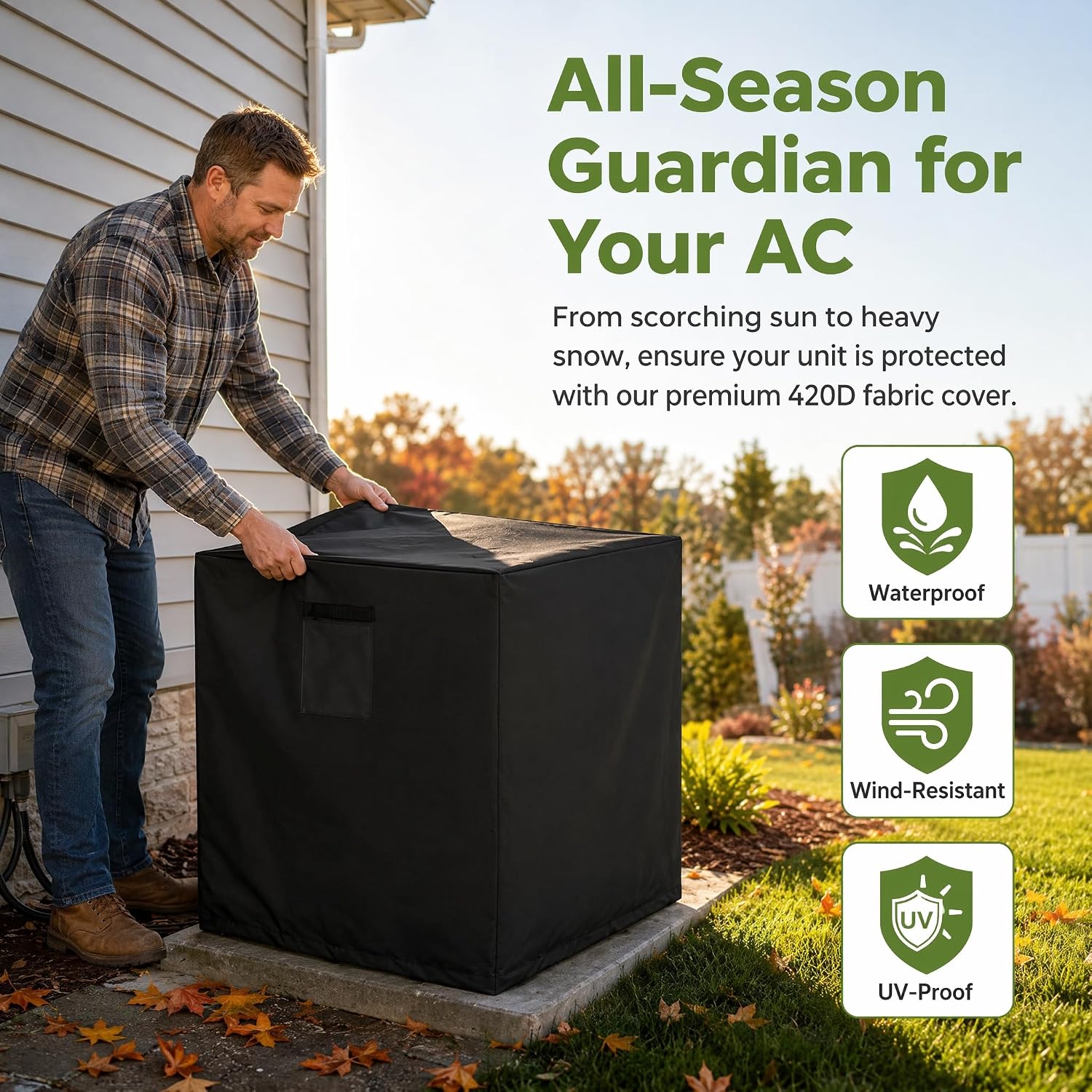 Air Conditioner Cover for Outside 34 x 34 x 30 inch | Square top design, water-resistant 420D Oxford, windproof straps, fits most central ac condensers, year-round