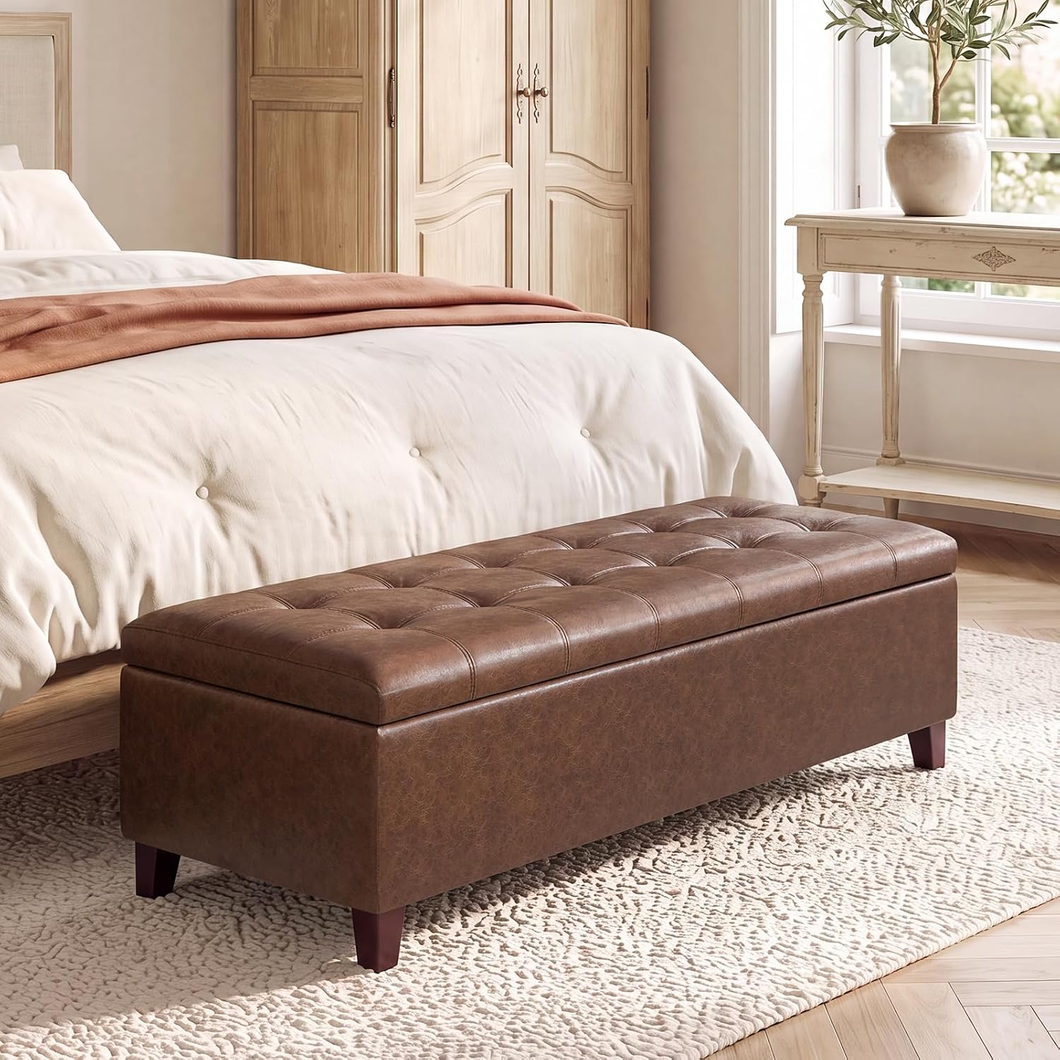 51 Inch Storage Bench,Leather Tufted Storage Ottoman with Legs | Safety Hinges,Wooden Legs,Upholstered,End of Bed,Bedroom,Living Room,Entryway,330LBS,Brown