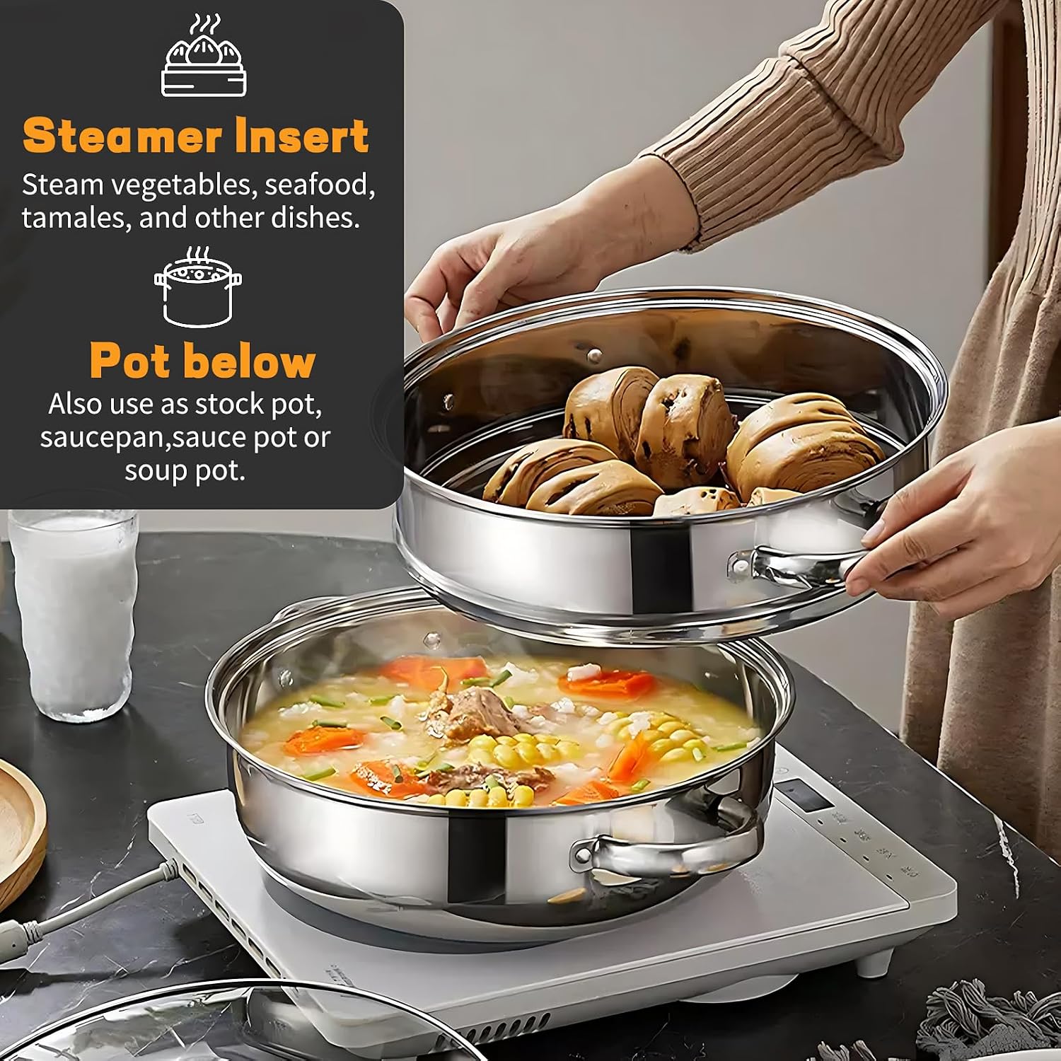 Vegetable Steamer Basket, Stainless Steel Folding Steamer Basket Insert for Veggie Fish Seafood Cooking