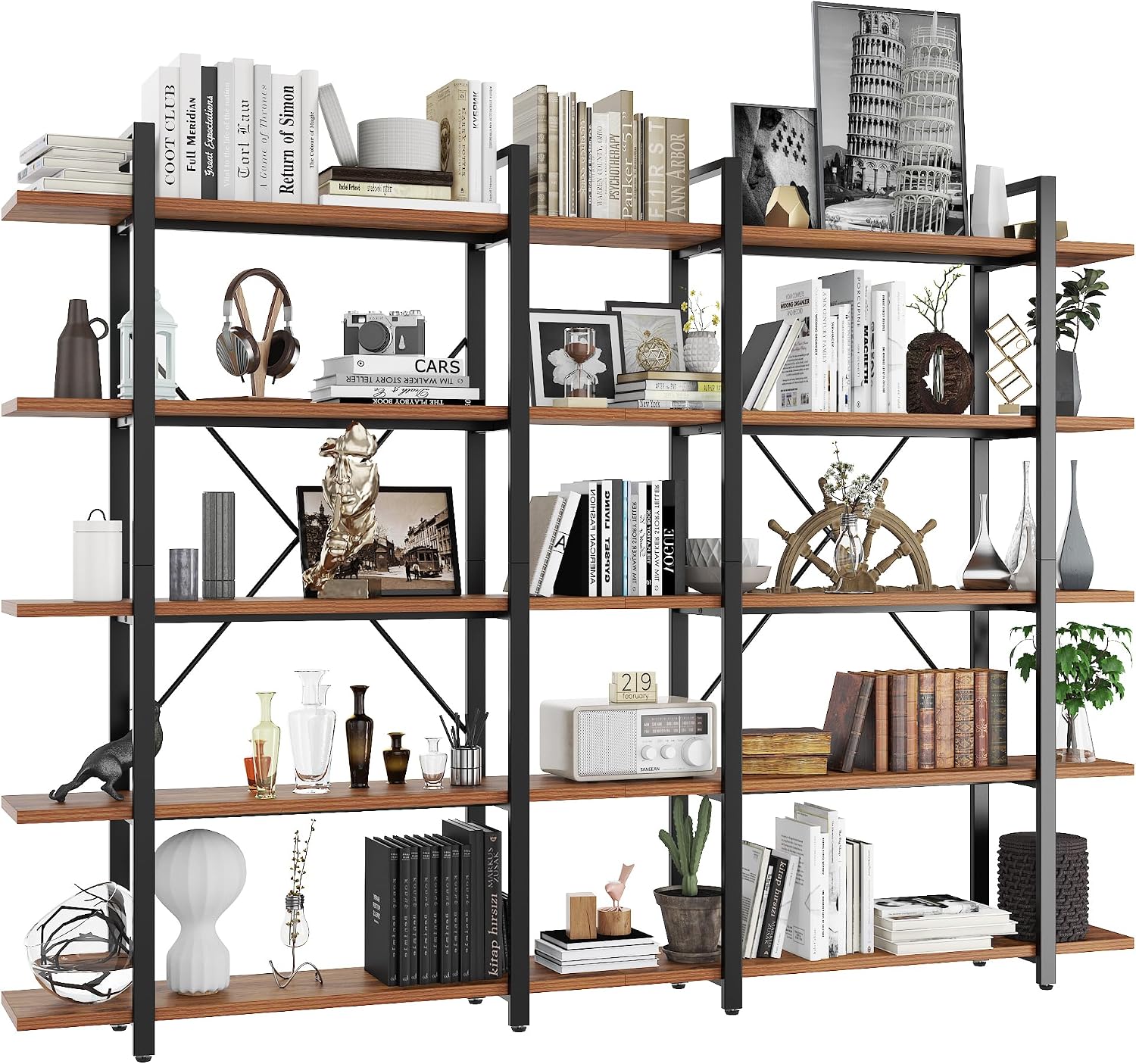 BATHWA Wood and Metal Minimalist 5 Tier Bookshelf, 6 feet Tall Open Rustic Wide Bookcase Industrial Style