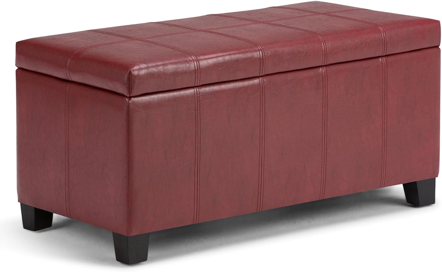 SIMPLIHOME Dover 36" Wide Vegan Leather Storage Ottoman in Midnight Black | Distressed umber brown, contemporary ottoman with lift-top and safety hinges; rectangle storage bench for living room.