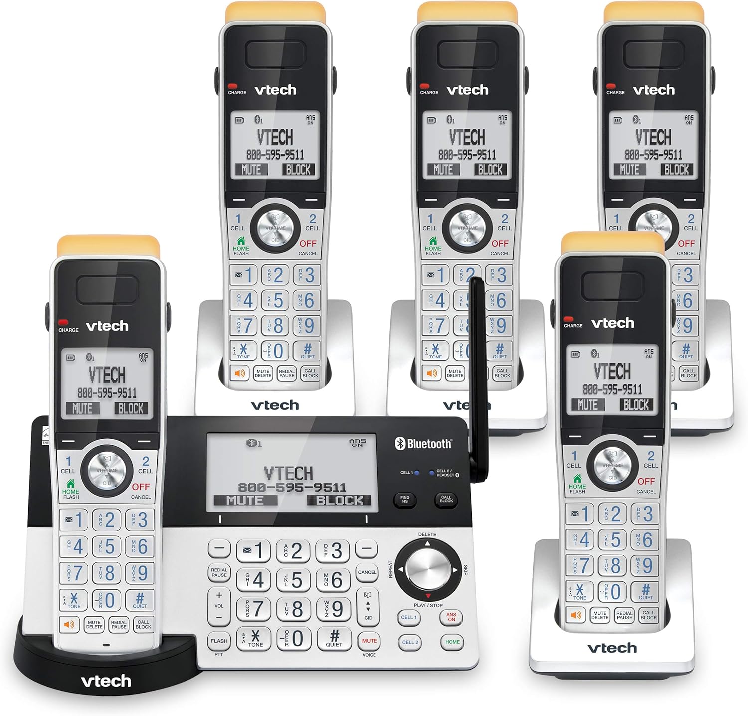 VTech IS8151-5 Super Long Range 5 Handset DECT 6.0 Cordless Phone for Home with Answering Machine, 2300 ft Range, Call Blocking, Bluetooth
