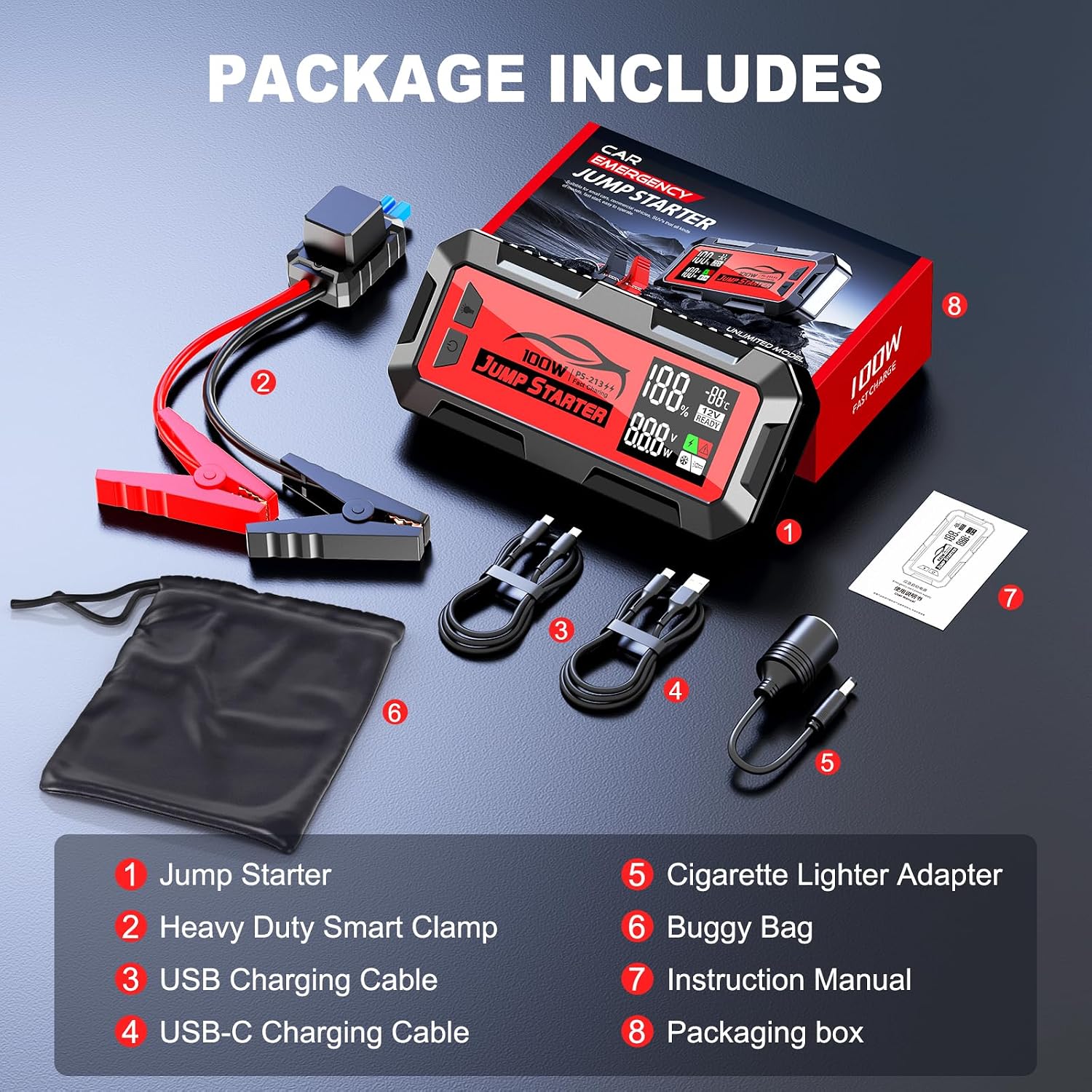 16000A Battery Jumper Starter Portable, PD 100W Output Power Bank, 12V Car Starter Jump Box & Battery Booster for All Gas & Up to All Diesel Engines