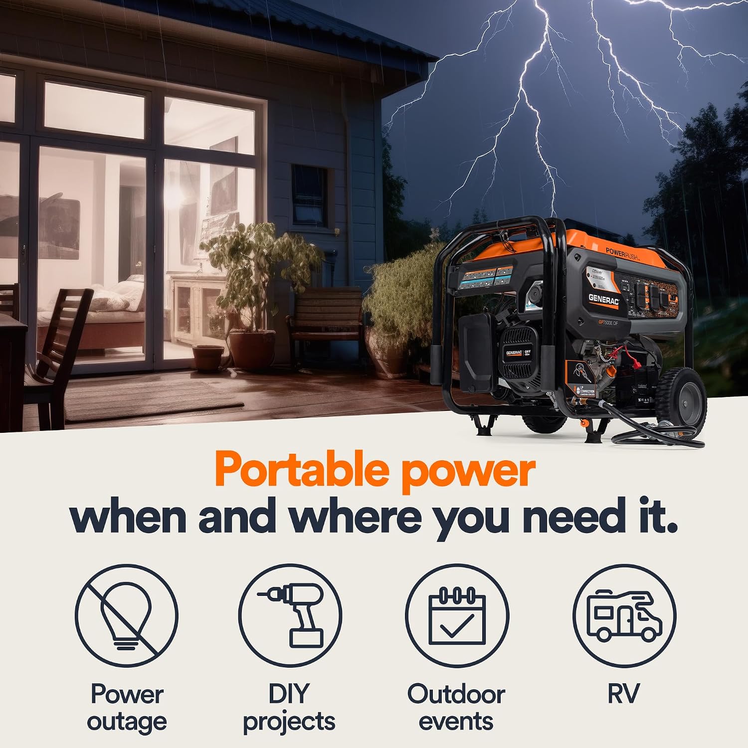 Generac 12,500 Starting Watt Tri-Fuel Portable Generator, Electric Start | Gas, Propane, Or Natural Gas Fuel Options, COsense CO Detection, 9.5 Hour Runtime, Emergency Home Backup, 49 State Compliant