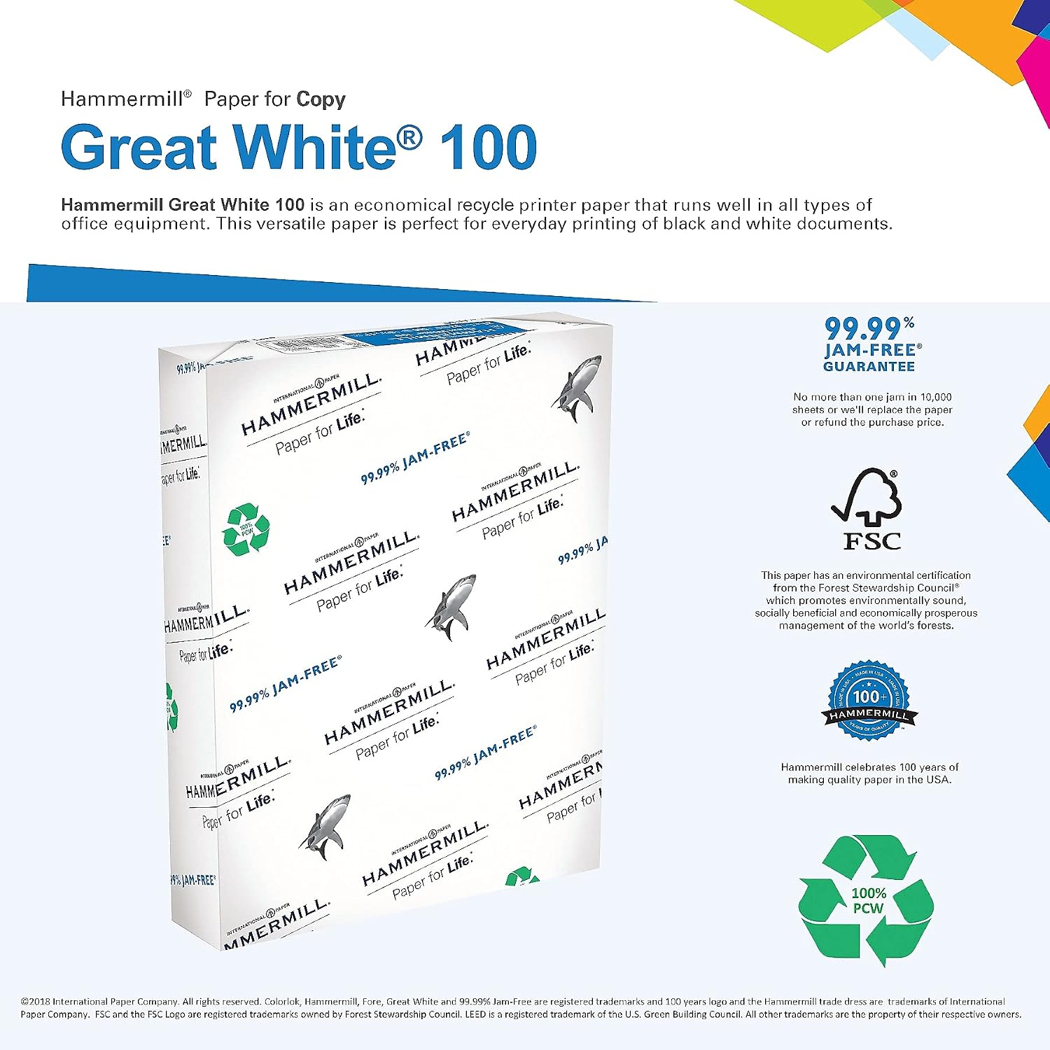 Hammermill Printer Paper, Great White 50% Recycled Paper, 8.5 x 11 - 1 Ream (500 Sheets) - 92 Bright, Made in the USA