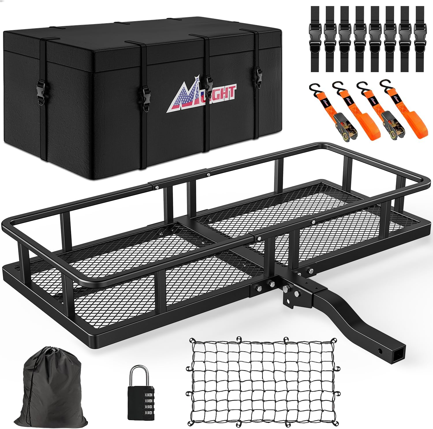 Nilight 32”×26”×4” RV Bumper Mounted Cargo Rack Carrier with Net Fits 4-inch or 4-1/2-inch Bumpers Heavy Duty Luggage Holder Basket for RV Camping Traveling Capacity 350LBS