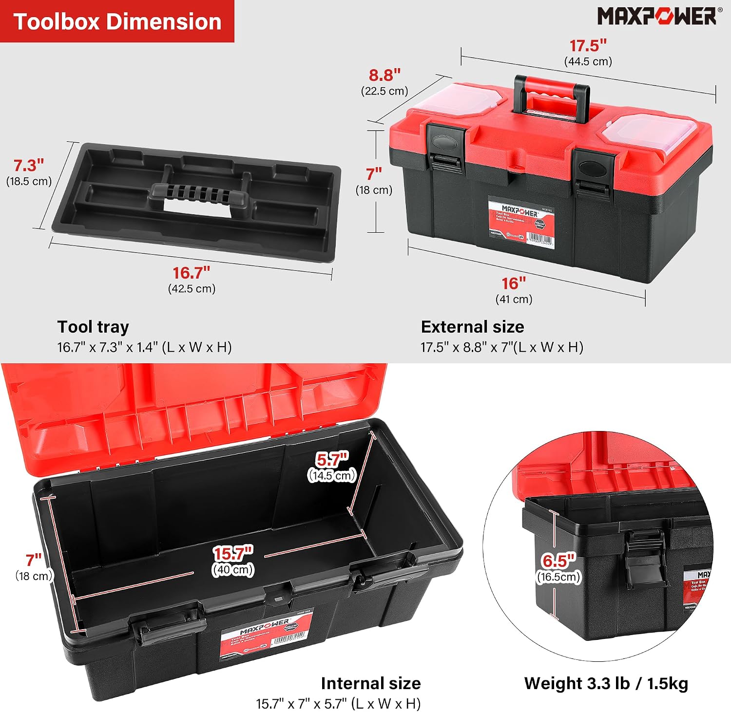 MAXPOWER Small Tool Box, 14-inch Plastic Tool Boxes with Handle | Removable Tray with Dual Lock Secured, Red Toolbox for Home