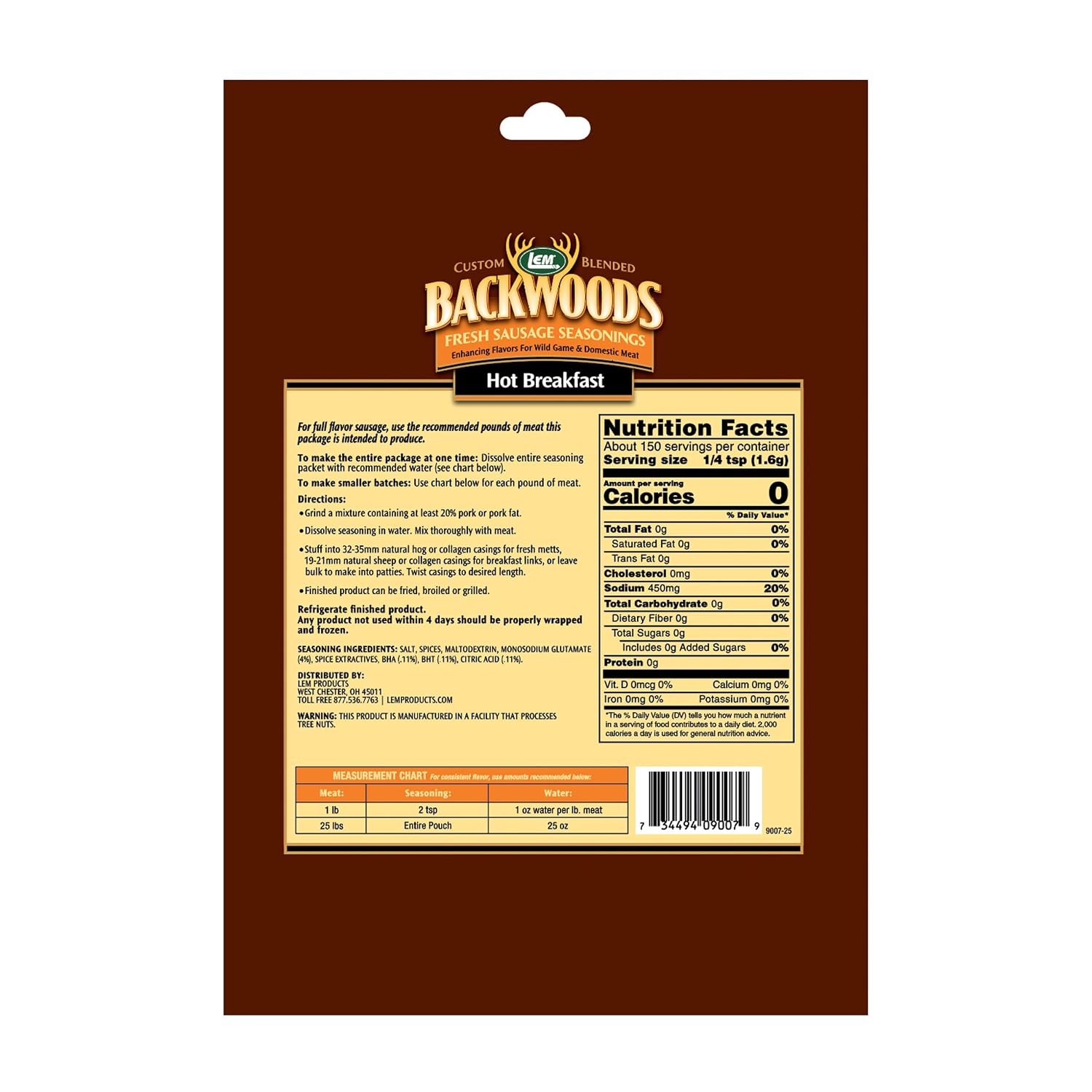 LEM Products Backwoods Breakfast Fresh Sausage Seasoning, 8.3 oz Packet | Pre-Measured Seasoning for Wild Game and Domestic Meat, Seasons Up to 25 Pounds of Meat for Homemade Patties and Sausages