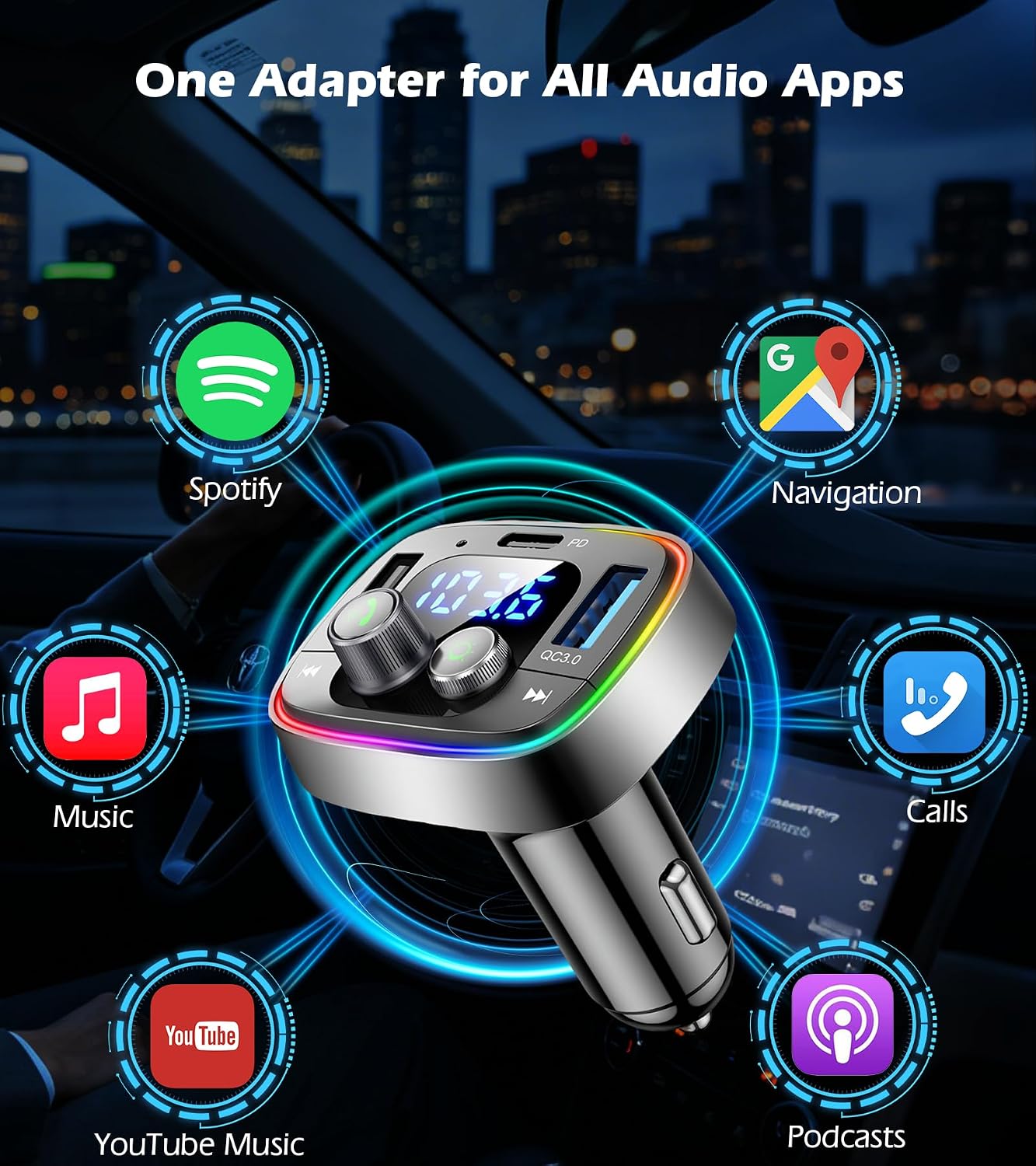 LIHAN Bluetooth Car Adapter 5.4, FM Transmitter, 48W PD/QC Charger