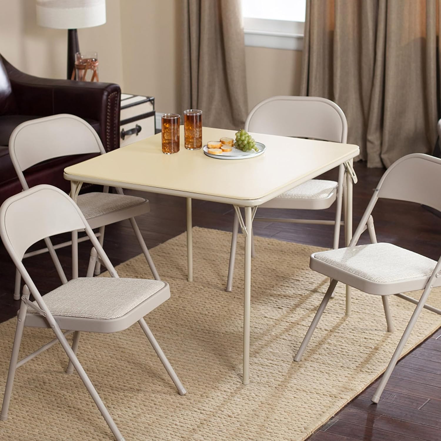 Sudden Comfort 34 by 34 Inch Portable EZ Slide Leg Lock Square Metal Padded Vinyl Top Folding Dining Card Table in Buff Tan