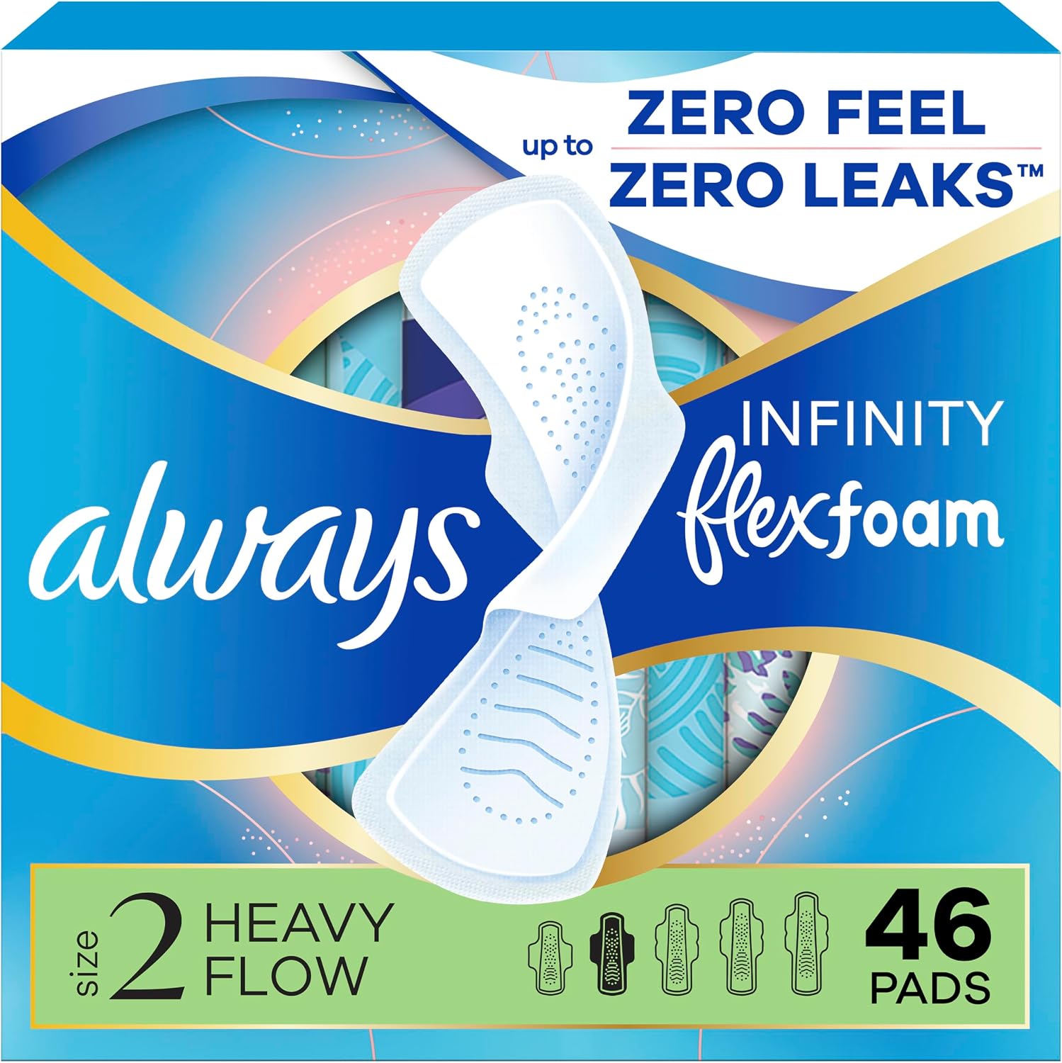 Always Infinity Feminine Pads for Women, Size 2 Heavy Flow Absorbency,with Flexfoam, with Wings, Unscented, 32 Count