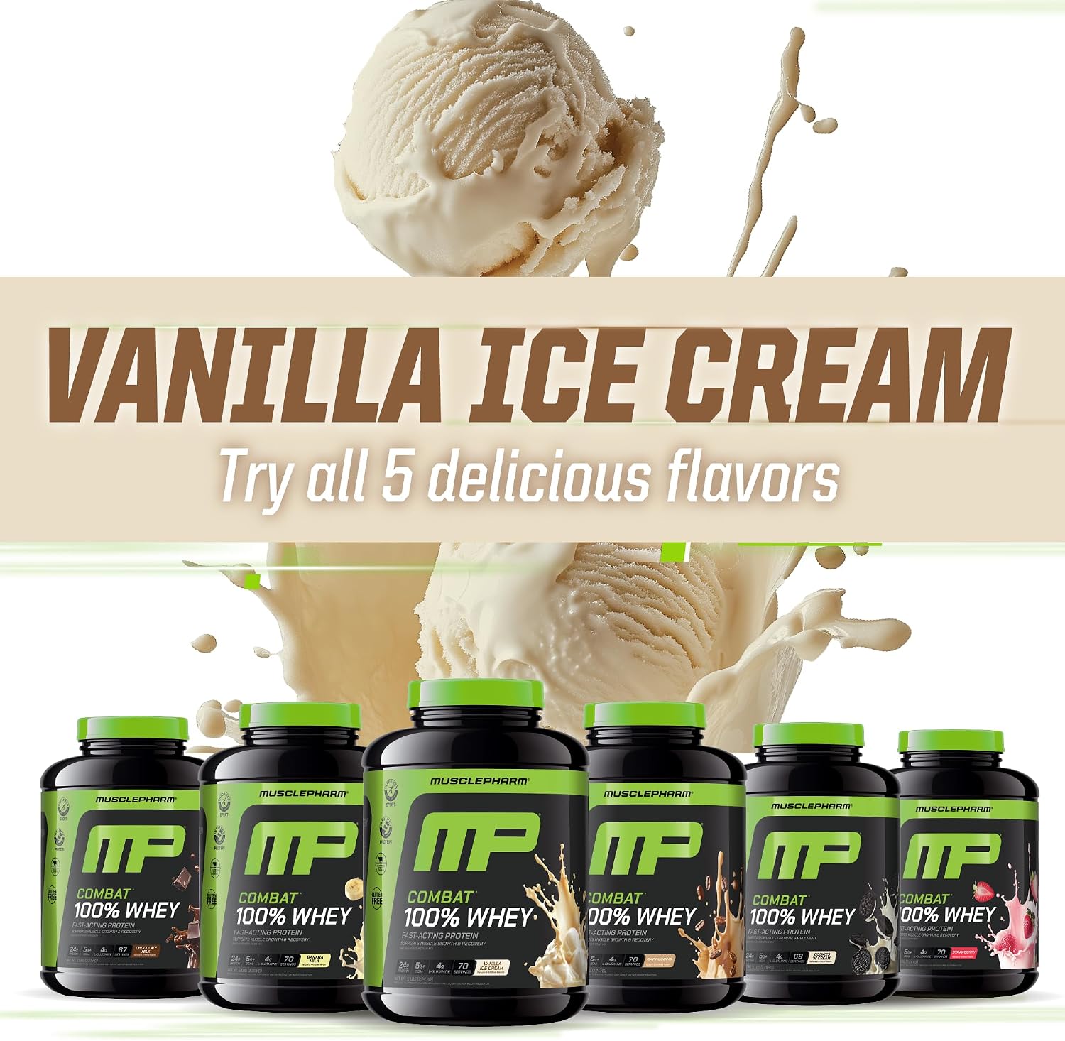 MusclePharm Combat 100% Whey Protein Powder, Vanilla Flavor, Fast Recovery & Muscle Gain with Whey Protein Isolate, High Protein Powder for Women & Men, Gluten Free, 5 lb, 70 Servings | Whey Protein Isolate, Fast Recovery Support, Muscle Gain Support, Hi…