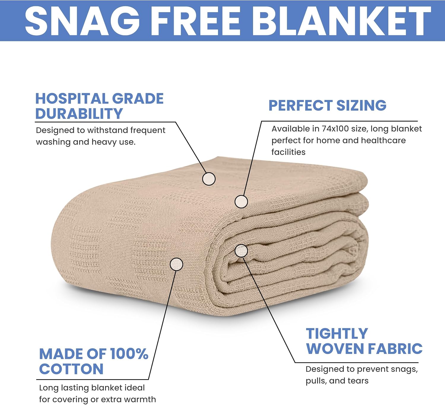 Linteum Textile Hospital Thermal SNAGLESS Spread Blanket, 100% Cotton (74x100 in, Blue)