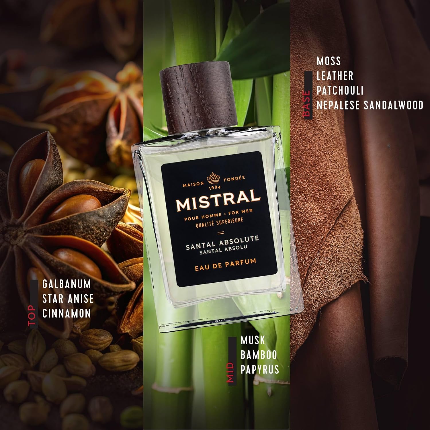 Mistral Bourbon Vanilla Eau de Parfum for Men, Men's Cologne, 3.4 Oz | Warm & Sweet Masculine Scent with Vanilla, Patchouli & Sandalwood, Cruelty-Free, Long-Lasting Perfume, Made in France
