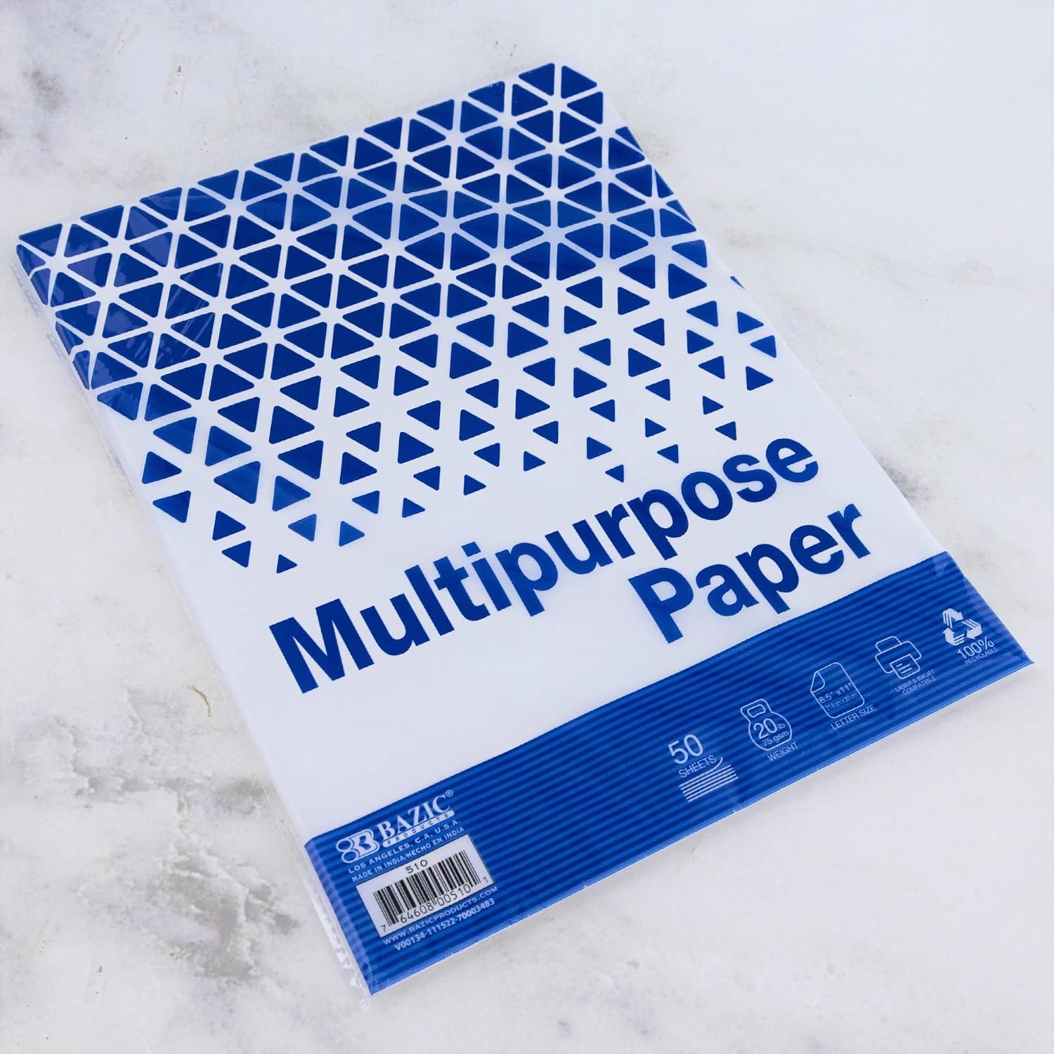 BAZIC Products White Multipurpose Paper, 8.5 x 11 in, 50 Sheets | 20 lb (75 gsm), 100% recycled, laser and inkjet compatible